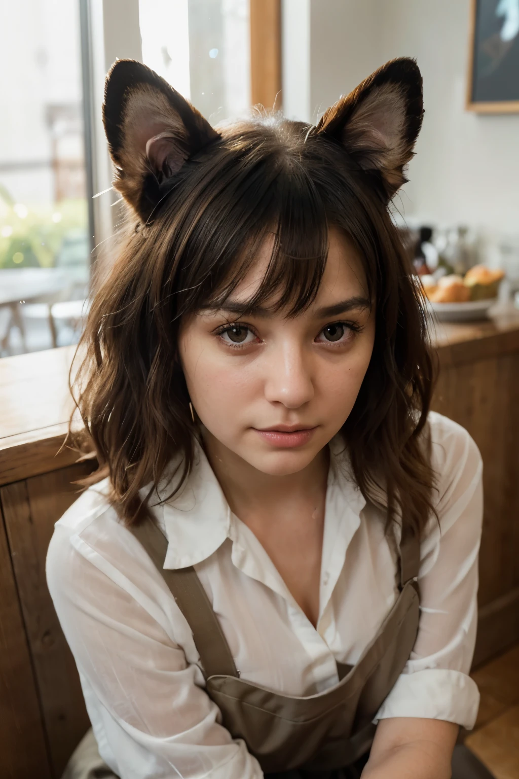 (bc:1.2)Beautiful cafe worker, (best quality,4k,8k,highres,masterpiece:1.2)gorgeous eyes with a hint of playfulness, (ultra-detailed)exquisite facial features, (realistic,photorealistic,photo-realistic:1.37)charming smile with a touch of mystery, (physically-based rendering)vibrant and flawless skin, (medium)styled with a mix of oil painting and contemporary illustration techniques. She has (extremely detailed eyes and face)captivating detailed eyes, with long, fluttering eyelashes that convey depth and tenderness.

The dog ears on top of her head are (medium)meticulously crafted with lifelike textures, highlighting their cute and fluffy appearance. Her (ultra-detailed,dog tail)fluffy dog tail sways gently as she moves. She has a (dog snout)dog snout that brings innocence and friendliness to her overall look.

The (vivid colors)color scheme of the surroundings combines warm tones and vibrant hues to create a cozy and inviting atmosphere. The cafe is filled with (sharp focus)sharp focus and (bokeh)softly blurred backgrounds, emphasizing the main subject. The walls are adorned with (ultra-fine painting)artworks depicting abstract shapes and patterns.

She wears a stylish (professional)apron with pockets, embroidered with floral patterns, and a matching outfit that complements the overall aesthetic. Her (vivid colors and sharp shadows and highlights)colorful hair is tied up in a loose bun, decorated with delicate flowers.

Next to her, a (medium-sized)friendly dog sits, with (sharp focus)clear eyes filled with warmth and loyalty. Its (extremely detailed,dog fur)dense fur is textured in a way that captures the essence of its breed. It has (sharp focus)well-defined paws, each carefully crafted and placed in a relaxed position.

The lighting in the cafe is soft and warm, accentuating the cozy and inviting atmosphere. The sunlight peeks through the window, casting gentle rays of (studio lighting)light on the cafe worker's face, creating a subtle play of shadows and highlig