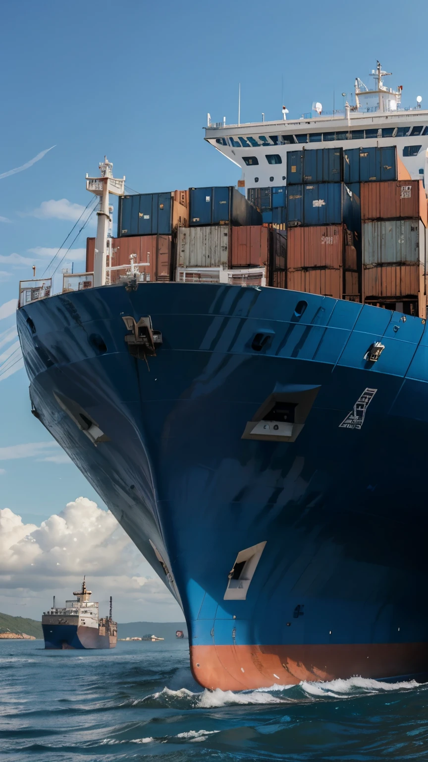 Epic Realism, Masterpiece, Photography, (Low Angle : 1), (Excelent Prespective Low Angle) arafly large blue ship with lots of containers on it, container ship, portrait of a big, utilitarian cargo ship, by Matija Jama, the photo shows a large, view from the side, photo taken from behind, hull, by Jakob Gauermann, shipping containers,