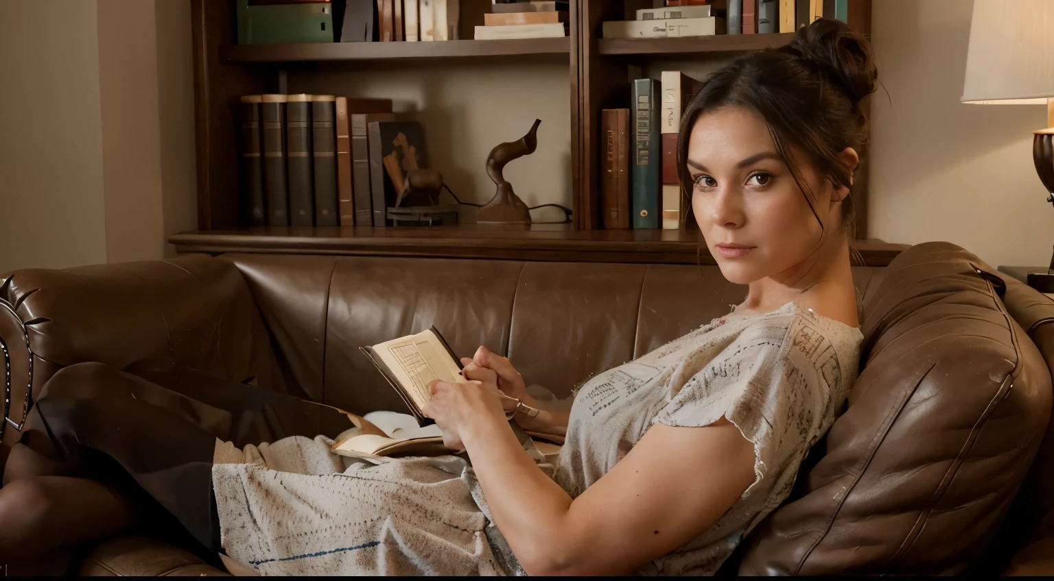 55 year old woman with an open book in her hand and a scene of books and pencils around her, texto en dos lineas que digan Maestra Rosario en color dorado