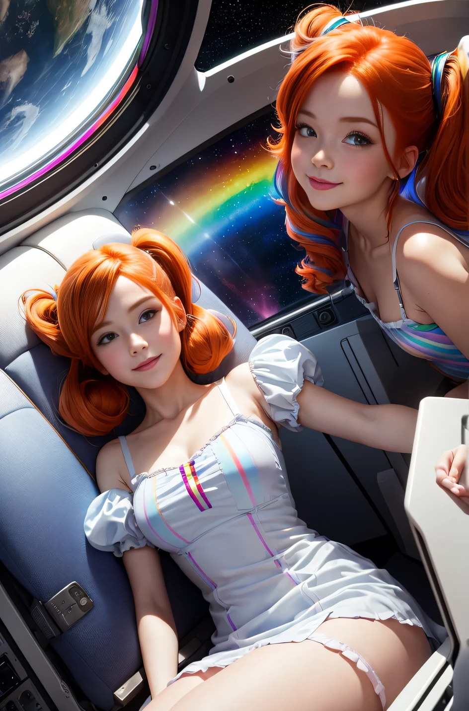 Best Quality, Masterpiece, 8k, RAW (overhead view) ((Cute redhead with rainbow colored hair tips:1.2)), ribbons in her hair, 18-year-old woman, happy, excited expression, smiling, in twin tails, perfect eyes, clear sparkling blue eyes, pale skin, silky smooth skin, porcelain white skin, flying a fancy metal luxurious space ship, futuristic cockpit, she's a pilot laying in her pilot chair, outer space seen in windows, the vastness of space, dark warm lighting, wearing a futuristic party dress, pleated (chemise) mini dress (pastel rainbow colors, and polka dots), puffy sleeves, silk, wearing full body pantyhose.