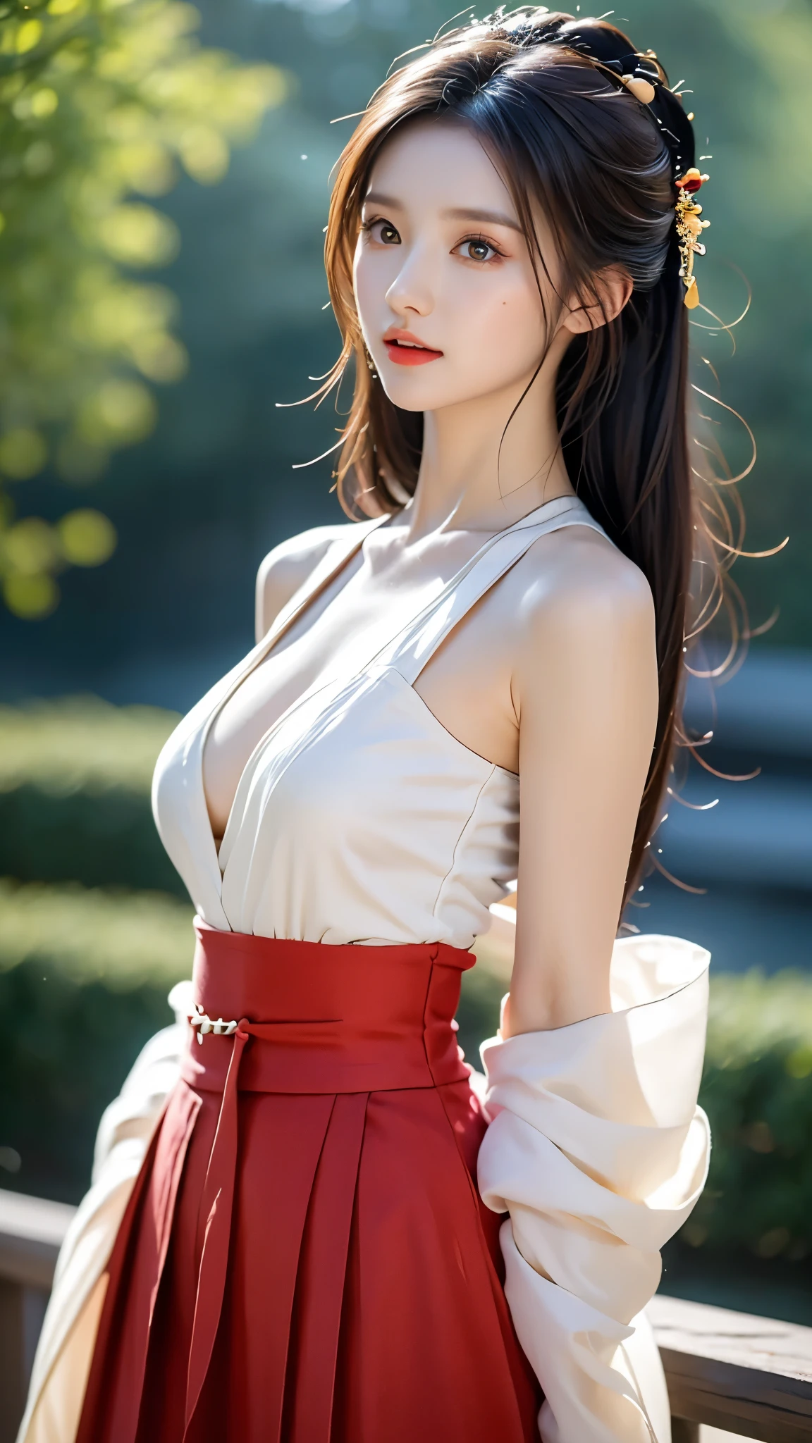 hanfu-song, hanfu, song theme, bandeau, tube top,  (masterpiece, best quality:1.2), 1girl, solo, ((bare shoulders)), (actual:1.37), ((bare shoulders)), random scene, Random shooting angle, Sweet maiden, beautiful妆容, Exquisite makeup, Extremely beautiful eyes, long hair, curls, slim body, big breasts, cleavage, Sexy slender legs, The skirt is short, Leaking sexy legs, elegant posture, best quality, correct, correct的手, correct的腿, 解剖学correct, official art, complex, detail的脸, detail, lifelike, Very detailed, amazing, beautiful, Young and energetic, Charming model, Meticulous CG Uniform 8k wallpaper