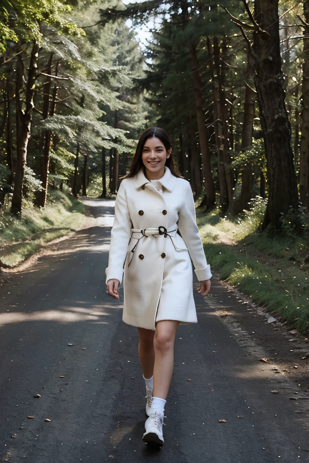 a woman in a luxurious white hand-knitted coat walks along a forest road, where the sun shines on her through the trees, and she walks and smiles