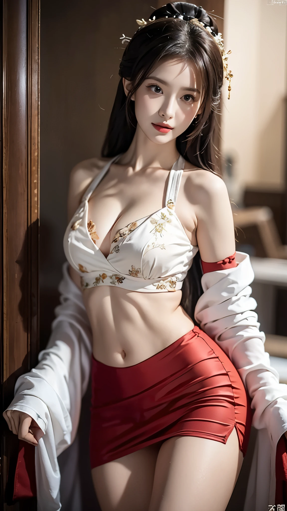 hanfu-song, hanfu, song theme, bandeau, tube top, (masterpiece, best quality:1.2), 1girl, solo, ((bare shoulders)), (actual:1.37), ((bare shoulders)), random scene, Random shooting angle, Sweet maiden, beautiful妆容, Exquisite makeup, Extremely beautiful eyes, long hair, curls, slim body, big breasts, cleavage, Sexy slender legs, The skirt is short, Leaking sexy legs, elegant posture, best quality, correct, correct的手, correct的腿, 解剖学correct, official art, complex, detail的脸, detail, lifelike, Very detailed, amazing, beautiful, Young and energetic, Charming model, Meticulous CG Uniform 8k wallpaper