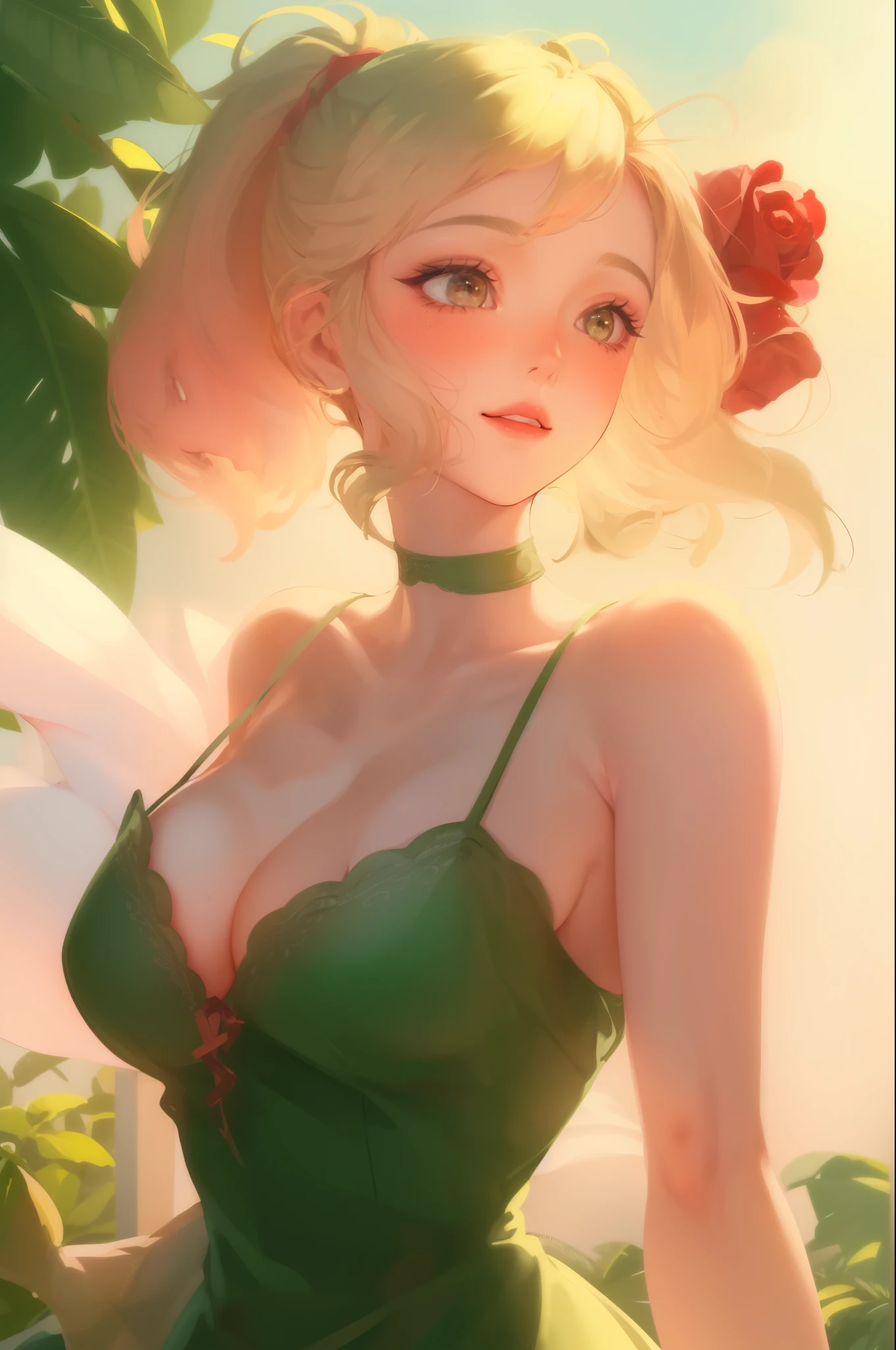 realistic, 1girl, ponytail, parted lips, (blush), (blushing face), makeup, (smile), glow, thighedium breasts), (perfect figure), bare shoulders, wear beautiful dress, collarbone, narrow waist, sunbeam, sunlight, rose, wind, cleavage, (masterpiece), sweat