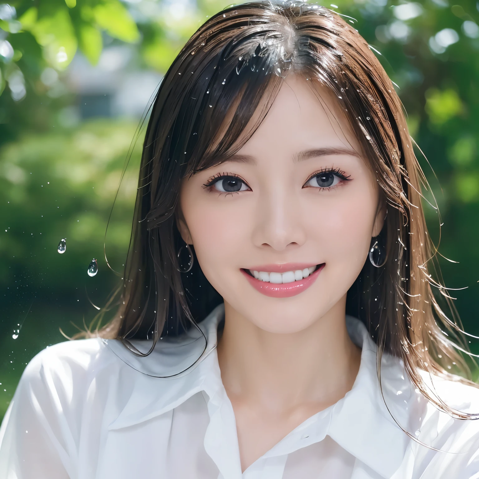 (highest quality、table top、8k、best image quality、Award-winning work)、(One soaking wet beauty:1.1)、(Perfect white polyester collared open shirt:1.3)、(wet white open shirt:1.2)、(Fixed front configuration:1.1)、(My skin is visible through my wet shirt:1.1)、brown eyes、(Strongly blurred refreshing green background:1.1)、(Strongly blurred background:1.1)、(Beautiful wet and shiny skin:1.1)、(very bright and refreshing:1.4)、(Very refreshing advertising image:1.1)、big breasts、cleavage、emphasize body line、(the biggest smile looking at me:1.1)、(smile showing your beautiful teeth:1.1)、perfect makeup、With bangs、Ultra high definition beauty face、ultra high definition hair、Super high-definition sparkling eyes、Super high resolution glossy lips、accurate anatomy、(very bright and vivid:1.4)、(Close-up of wet face:1.3)、(Ultra-high-definition countless water droplets:1.2)、(The most natural and perfect fresh water splash:1.1)、(Fresh splashing water:1.1)、(Perfectly reproduces the texture of wet hair:1.1)、(wet and shiny skin:1.2)、(Wet and shiny hair:1.2)、(Super high-definition bright and beautiful skin:1.3)