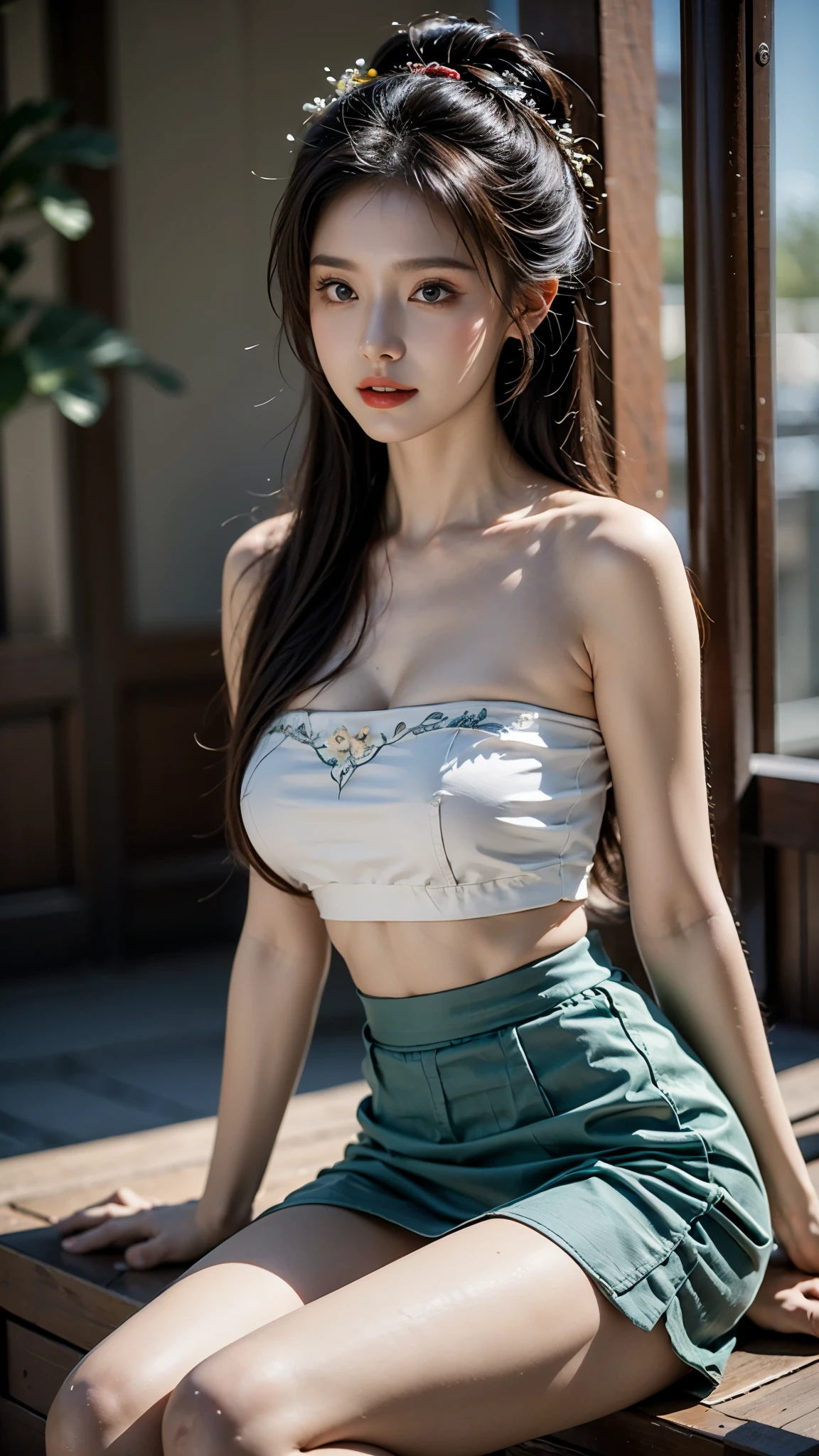 hanfu-song, hanfu, song theme, bandeau, tube top,  (masterpiece, best quality:1.2), 1girl, solo, ((bare shoulders)), (actual:1.37), ((bare shoulders)), random scene, Random shooting angle, Sweet maiden, beautiful妆容, Exquisite makeup, Extremely beautiful eyes, long hair, curls, slim body, big breasts, cleavage, Sexy slender legs, The skirt is short, Leaking sexy legs, elegant posture, best quality, correct, correct的手, correct的腿, 解剖学correct, official art, complex, detail的脸, detail, lifelike, Very detailed, amazing, beautiful, Young and energetic, Charming model, Meticulous CG Uniform 8k wallpaper