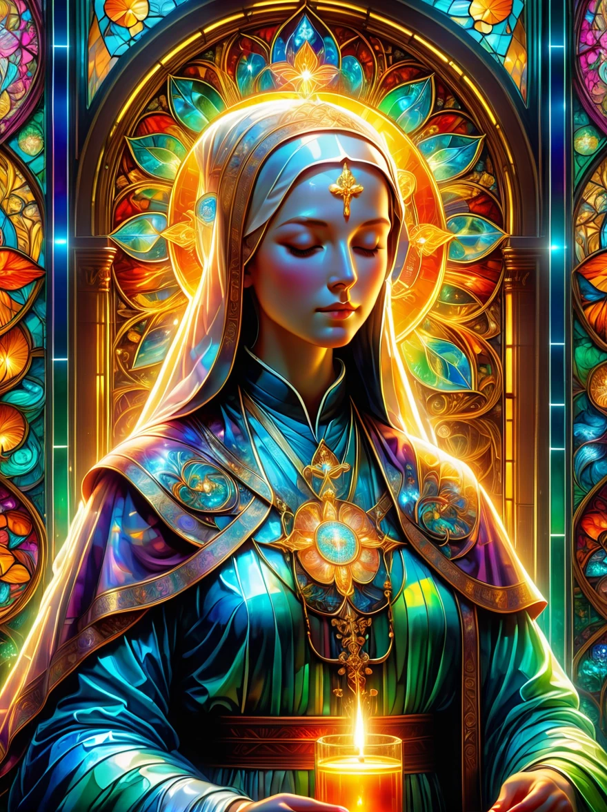 ((nun in beautiful church)),((Fractal internal structure design)),((fractal symmetry)),((Perfectly symmetrical stained glass window:1.5)), Centered symmetrical composition,Religious atmosphere,sacred tranquility,intricate details,peaceful atmosphere,calm expression,graceful posture,sacred silence,bright colors,Calm gaze,gentle brushstrokes,ethereal light,eternal beauty,quiet spirituality,Divine inspiration,Divine piety,thin coat of paint,delicate brushstrokes,subtle shades,Charming atmosphere,divine light,religious icons,Peaceful solitude,Enlightenment,devotional experience,meditative tranquility,deep tranquility,Realistic,Neon lights,(Liquid light background),(UHD, masterpiece, ccurate, anatomically correct, textured skin, super detail, high details, award winning, best quality, 8k)