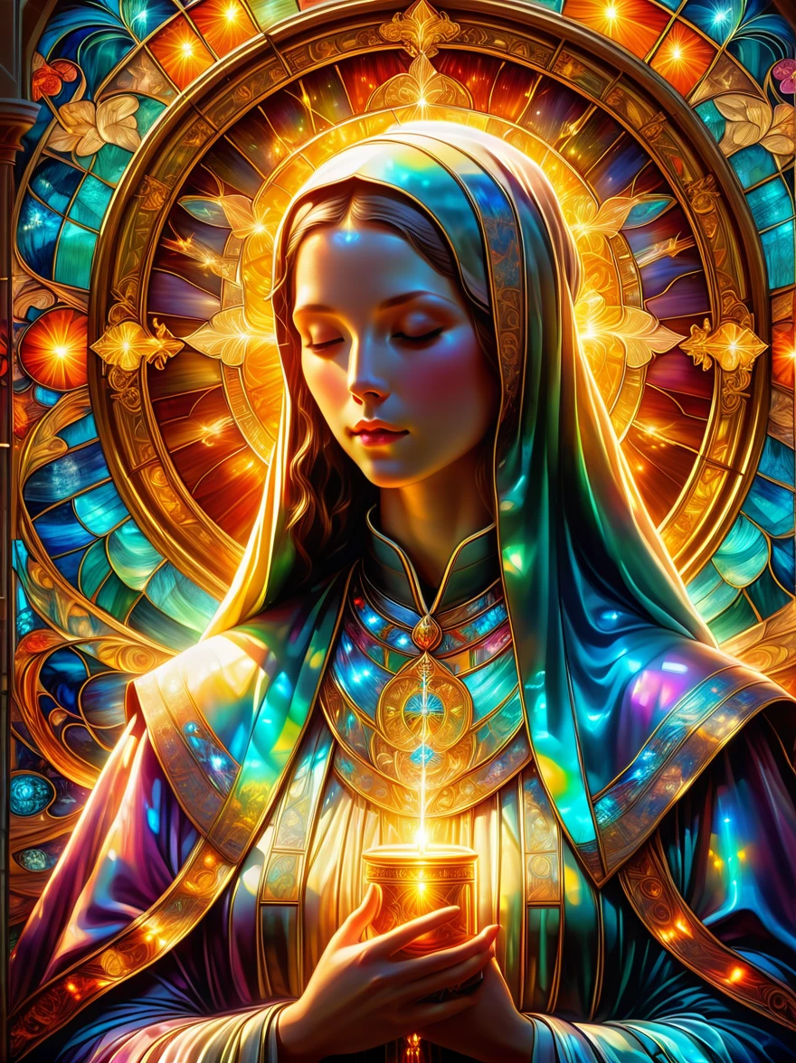 ((nun in beautiful church))，((Fractal internal structure design))，((fractal symmetry))，((Perfectly symmetrical stained glass window:1.5)), Centered symmetrical composition，Religious atmosphere，sacred tranquility，intricate details，peaceful atmosphere，calm expression，graceful posture，sacred silence，bright colors，Calm gaze，gentle brushstrokes，ethereal light，eternal beauty，quiet spirituality，Divine inspiration，Divine piety，thin coat of paint，delicate brushstrokes，subtle shades，Charming atmosphere，divine light，religious icons，Peaceful solitude，Enlightenment，devotional experience，meditative tranquility，deep tranquility，Realistic，Neon lights，(Liquid light background)，(UHD, masterpiece, ccurate, anatomically correct, textured skin, super detail, high details, award winning, best quality, 8k)