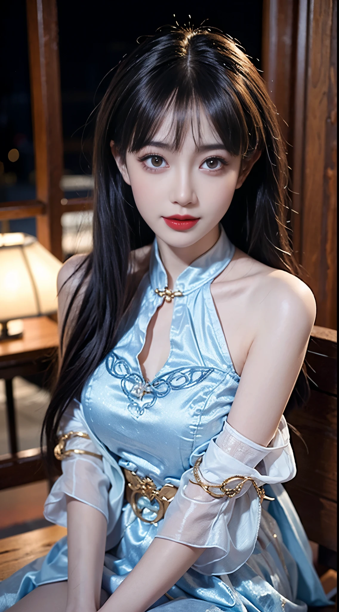 yinziping,china dress, fashi-girl, red lips, mature female, makeup, Big eyes, Pretty eyes, ((full body)), ((Random shooting angles)), (best quality, masterpiece:1.2), ultra-detailed, (realistic:1.37), beautiful, youthful, glamorous model with (detailed eyes, detailed lips, extremely detailed eyes), with white and floral colors, showcasing a radiant smile, creating a breathtaking depiction of a girl, Warm tones, extremely high color saturation, official art,   extremely detailed CG unified 8k wallpaper,(High dynamic range :1.4), (cinematic),(soft colors,  dull colors,  soothing tones :1.3), (natural skin texture, ultra-realistic, soft light, sharp),(very detailed), Night, moonlight, In an antique pavilion, sit on a bench against the guardrail