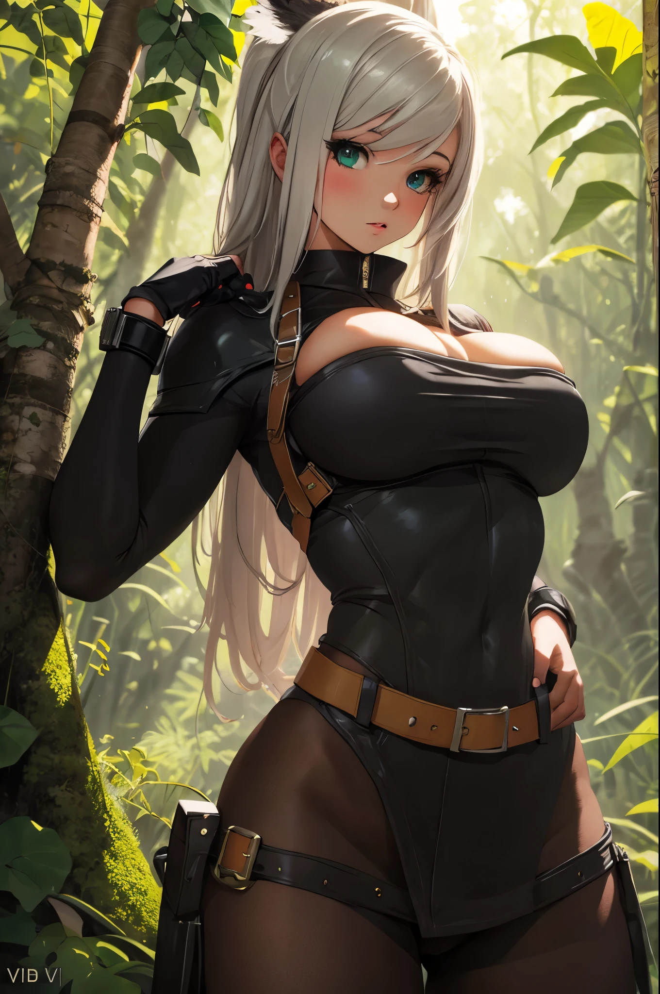una provocativa arquera con cabello NARANJO con mechas NEGRAS CON OJOS ((HETEROCROMIA)) en una pose inspirada en Monster Hunter, con ojos y labios detallados, vistiendo una armadura vibrante e intrincada y sosteniendo un arco y una flecha. The artwork is created using a combination of illustration and 3D rendering techniques., resulting in a visually stunning mixed media piece. The scene is set in a dense forest., with lush foliage and sun rays filtering through the trees. The girl&#39;s confident and determined expression captivates the viewer., while her dynamic pose shows her skill and agility as an archer.. The colors of the artwork are bold and vivid., with a slightly desaturated and muted overall tone to create a realistic and gritty atmosphere. The lighting is spectacular., Casting deep shadows and emphasizing the girl&#39;s strong features.. The image is of the highest quality., con detalles ultrafinos para dar vida a cada aspecto de la obra de arte.