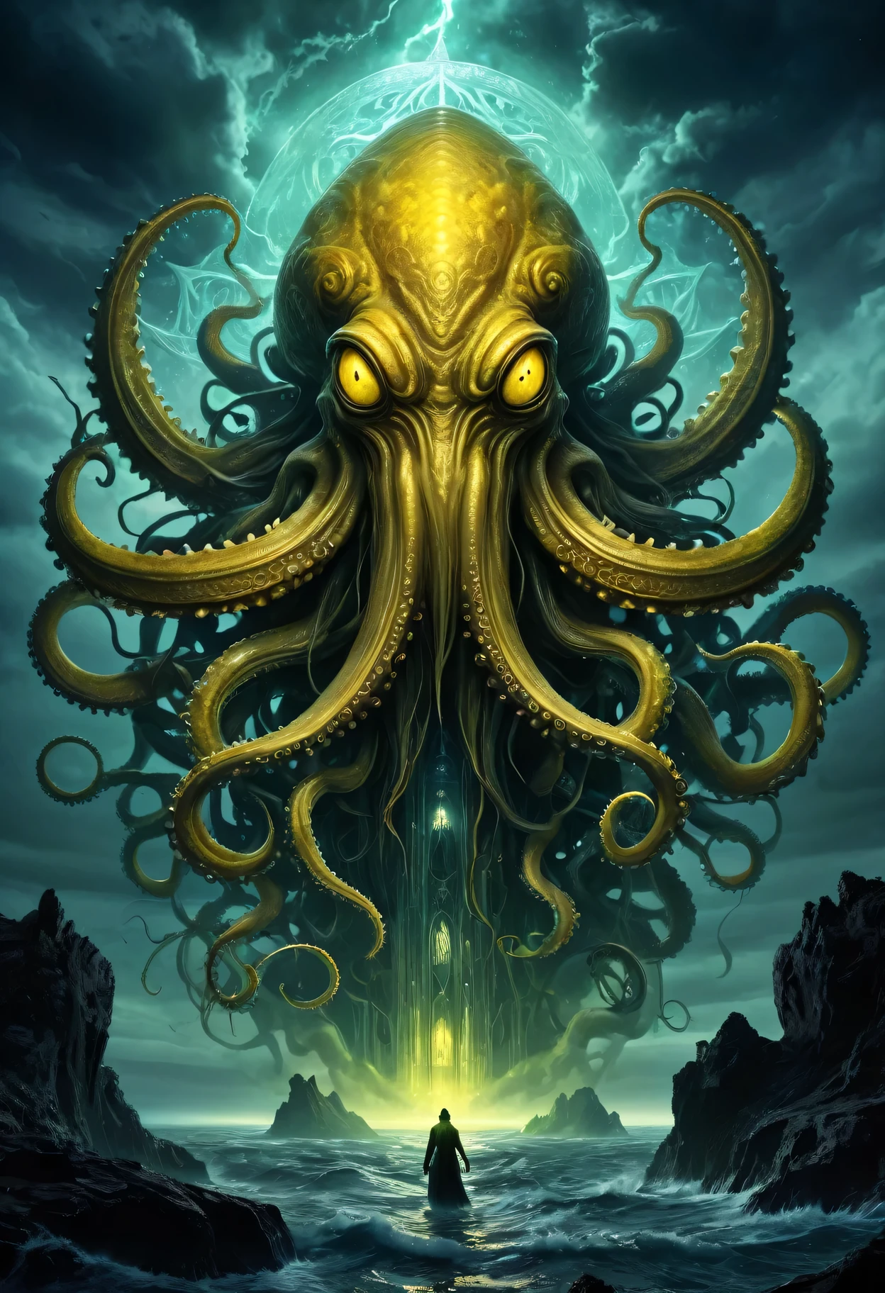 (best quality,4k,high resolution,masterpiece:1.2),Super detailed,(actual:1.37),The world of Cthulhu mythology, Hell Yellow Messenger, Symmetrical composition,dark atmosphere,inauspicious,inauspicious预感,horrible的恐怖,spider,giant cephalopod monster,hellish scenery,nightmarish,otherworldly,creepy,horrible,ancient evil,horrible的,cosmic entity,Tentacles twist,horrible的憎恶,sea view,chaos and madness,ruins,Demonic Architecture,dark sky,火热abyss,Overall structure,distorted reality,inauspicious glow,Taboo knowledge, souls,suractual,horrible的,deep dark,myth believer,worship,evil ritual,leading to madness,beast from the star,Symmetry and balance,Malicious intent,eyes glowing with otherworldly power,road to madness,abyss,infinite cosmic horror,nightmarish monstrosity