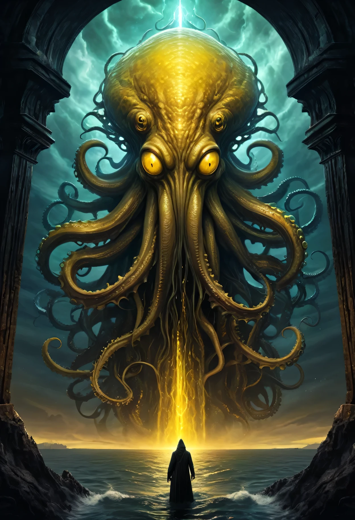 (best quality,4k,high resolution,masterpiece:1.2),Super detailed,(actual:1.37),The world of Cthulhu mythology, Hell Yellow Messenger, Symmetrical composition,dark atmosphere,inauspicious,inauspicious预感,horrible的恐怖,spider,giant cephalopod monster,hellish scenery,nightmarish,otherworldly,creepy,horrible,ancient evil,horrible的,cosmic entity,Tentacles twist,horrible的憎恶,sea view,chaos and madness,ruins,Demonic Architecture,dark sky,火热abyss,Overall structure,distorted reality,inauspicious glow,Taboo knowledge, souls,suractual,horrible的,deep dark,myth believer,worship,evil ritual,leading to madness,beast from the star,Symmetry and balance,Malicious intent,eyes glowing with otherworldly power,road to madness,abyss,infinite cosmic horror,nightmarish monstrosity