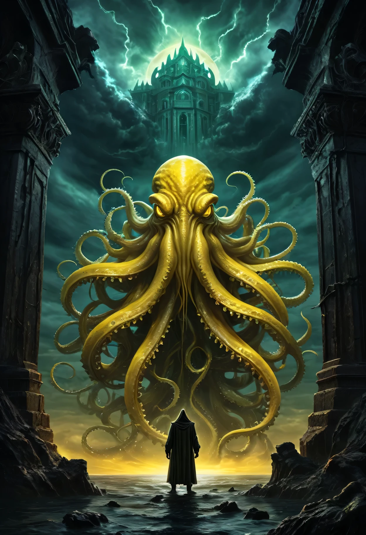 (best quality,4k,high resolution,masterpiece:1.2),Super detailed,(actual:1.37),The world of Cthulhu mythology, Hell Yellow Messenger, strong and muscular,Symmetrical composition,dark atmosphere,inauspicious,inauspicious预感,horrible的恐怖,spider,giant cephalopod monster,hellish scenery,nightmarish,otherworldly,creepy,horrible,ancient evil,horrible的,cosmic entity,Tentacles twist,horrible的憎恶,sea view,chaos and madness,ruins,Demonic Architecture,dark sky,火热abyss,Overall structure,distorted reality,inauspicious glow,Taboo knowledge, souls,suractual,horrible的,deep dark,myth believer,worship,evil ritual,leading to madness,beast from the star,Symmetry and balance,Malicious intent,eyes glowing with otherworldly power,road to madness,abyss,infinite cosmic horror,nightmarish monstrosity