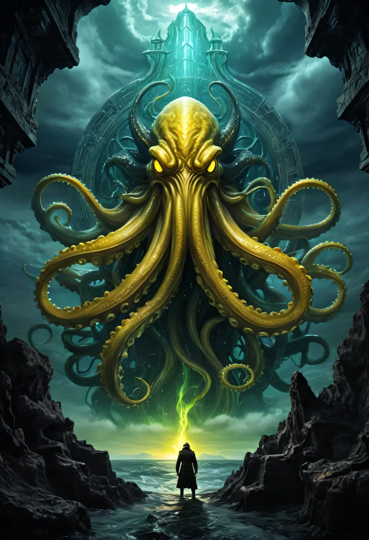 (best quality,4k,high resolution,masterpiece:1.2),Super detailed,(actual:1.37),The world of Cthulhu mythology, Hell Yellow Messenger, strong and muscular,Symmetrical composition,dark atmosphere,inauspicious,inauspicious预感,horrible的恐怖,spider,giant cephalopod monster,hellish scenery,nightmarish,otherworldly,creepy,horrible,ancient evil,horrible的,cosmic entity,Tentacles twist,horrible的憎恶,sea view,chaos and madness,ruins,Demonic Architecture,dark sky,火热abyss,Overall structure,distorted reality,inauspicious glow,Taboo knowledge, souls,suractual,horrible的,deep dark,myth believer,worship,evil ritual,leading to madness,beast from the star,Symmetry and balance,Malicious intent,eyes glowing with otherworldly power,road to madness,abyss,infinite cosmic horror,nightmarish monstrosity