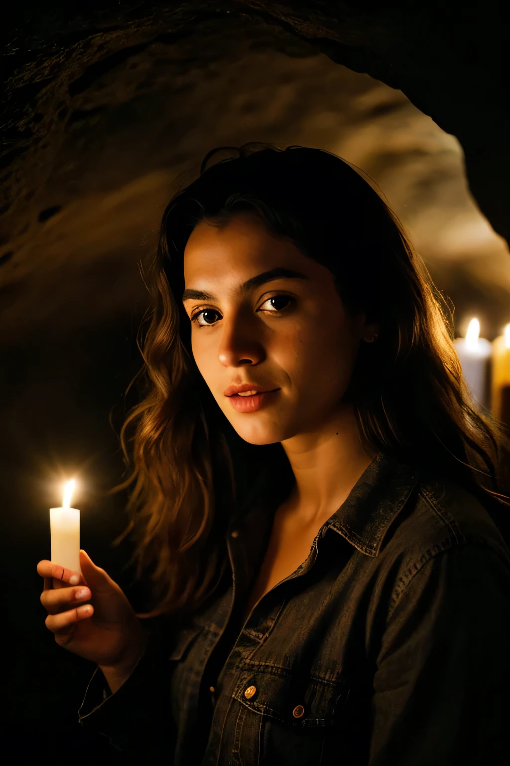 photograph of a woman, (Happy facial expression), textured skin, goosebumps, brown afro hair, white plain shirt with distressed boyfriend jeans, cowboy shot, dark and mysterious cave with unique rock formations and hidden wonders, perfect eyes, (candlelight,chiaroscuro), Porta 160 color, shot on ARRI ALEXA 65, bokeh, sharp focus on subject, shot by Don McCullin