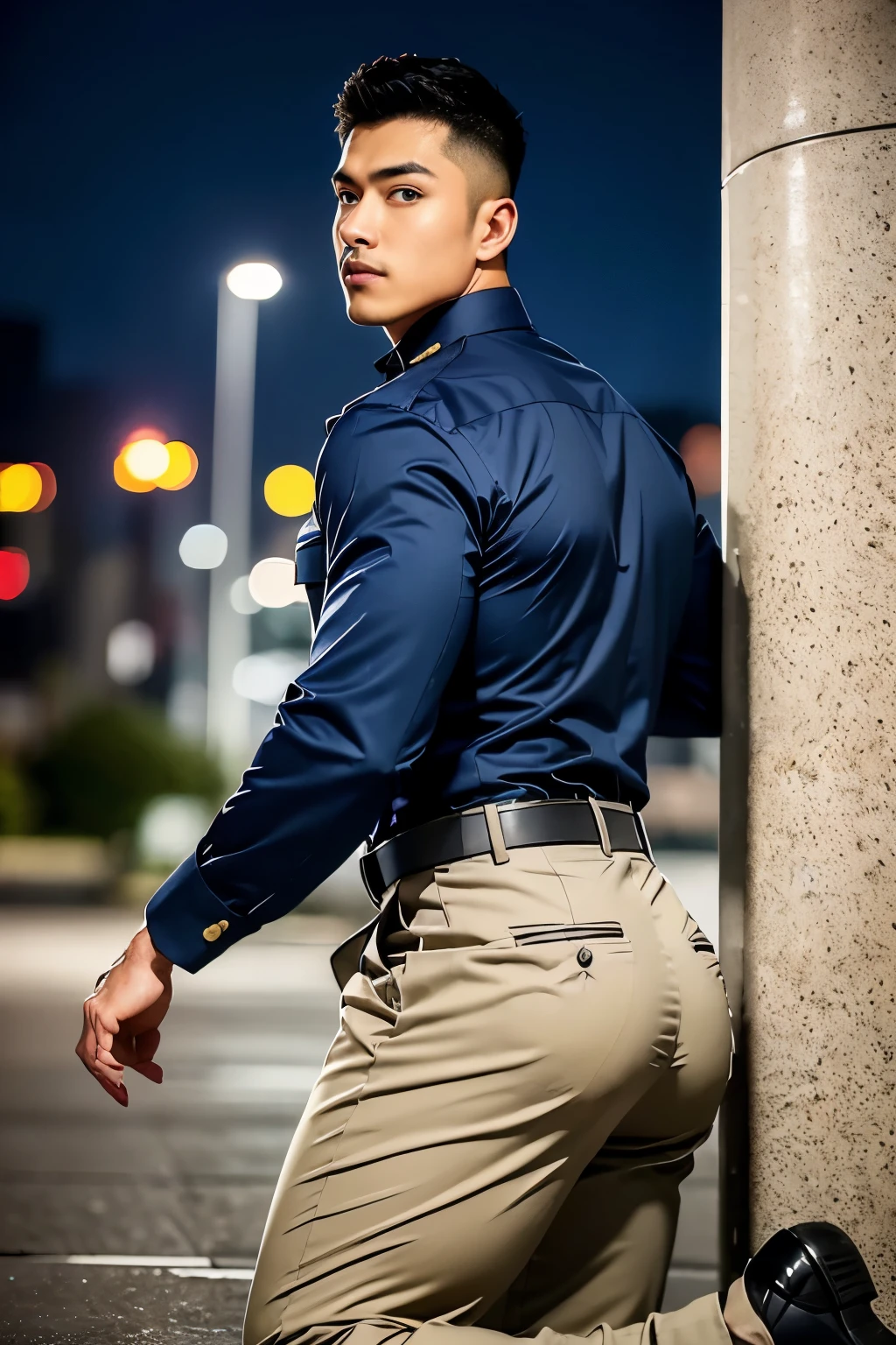 25-year-old boy ,Japanese male officer ,Thin mustache...,handsome ,Wear long sleeve smart police uniform shirt...............,grey beige tight trousers, ,((unrealistic super big tight butt wearing pants))............................. Black boots and dark navy gloves.,sit on the ground , His legs spread apart sitting kneeling facing the wall,.................... suggestive posing, showing off his back................................, Policeman Muscle Man , ((The arm muscles are very large...................)) ,large , Wide shoulders ,open legs, head turn slightly to looking back to the camera, rear shot.......................................... low angle looking up, wide angle, ((full body shot)).....................,Sexually suggestive, (Dynamic Poses:1.1) , thights , (Embossed Focus:1.2),On your knees........................., empty toilet cubicle at night, Best qualtiy , Wide lens from far ,deep depth of field ,Bokeh background
