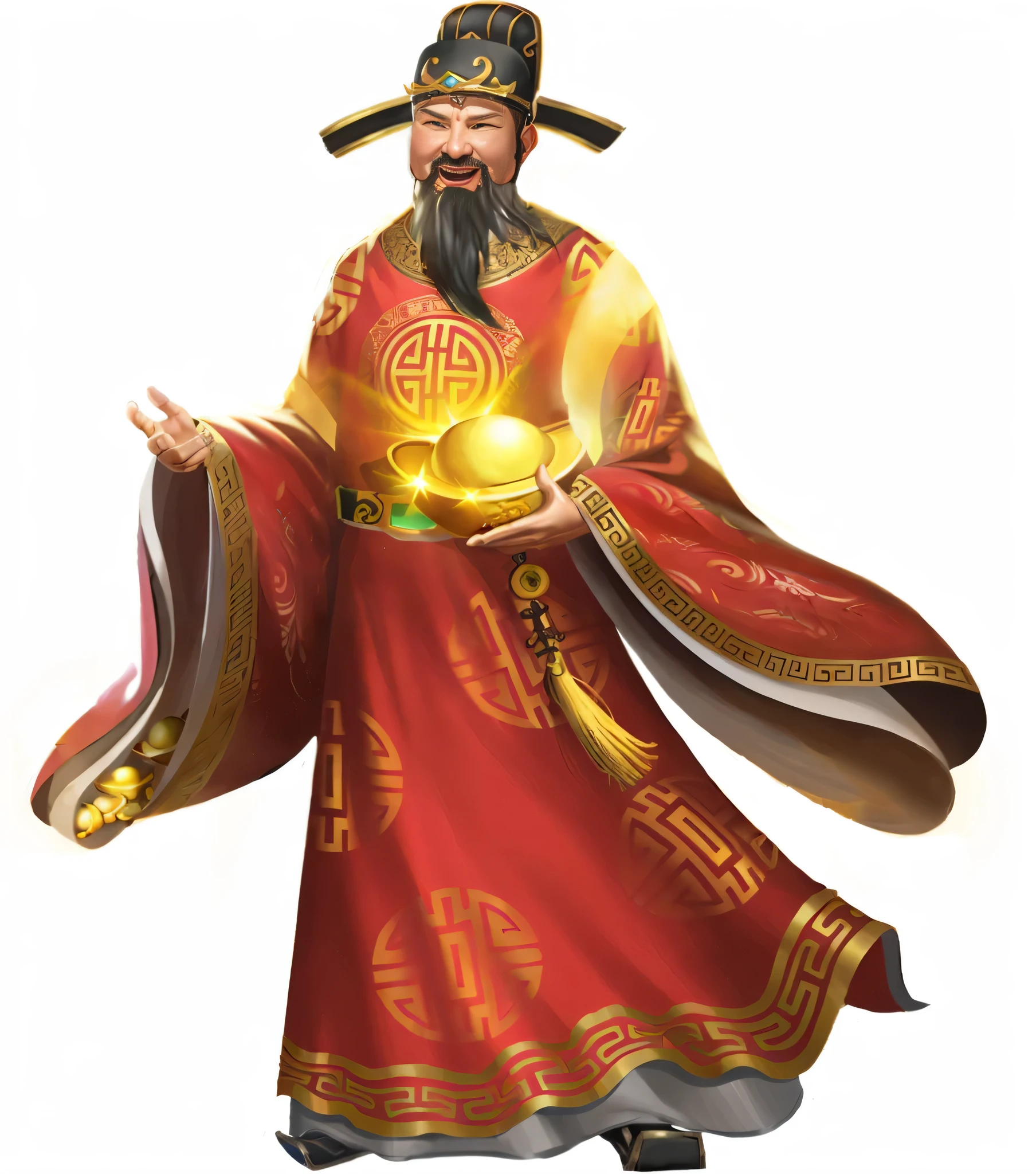 8k resolution、((top quality))、((masterpiece))、((super detailed)),male,((Very long beard:1.5)),alone,red clothes,中国古典god of wealth形象,((god of wealth))god of wealth, friendly smile,squinting,Show a bright smile