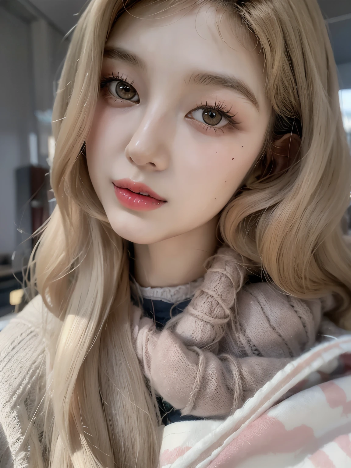 un primer plano de una mujer con cabello largo y rubio que llevaba un abrigo, ulzzang, pelo largo y rubio y ojos grandes, long cabello rubio y ojos grandes, muchacha coreana, cabello rubio y ojos grandes, chica linda-cara-fina, pale korean adorable face, chica joven y linda, joven y adorable rostro coreano, maquillaje popular de corea del sur, maquillaje coreano popular, hermoso rostro estetico