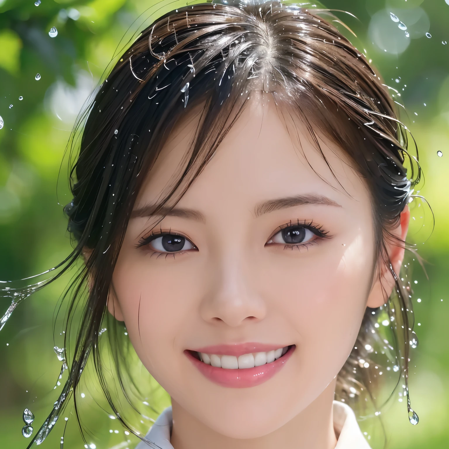 (highest quality、table top、8k、best image quality、Award-winning work)、(One soaking wet beauty:1.1)、(White polyester collared open shirt:1.3)、(wet white open shirt:1.2)、(Fixed front configuration:1.1)、(My skin is visible through my wet shirt:1.1)、brown eyes、(Strongly blurred refreshing green background:1.1)、(Strongly blurred background:1.1)、(Beautiful wet and shiny skin:1.1)、(very bright and refreshing:1.4)、(Very refreshing advertising image:1.1)、big breasts、cleavage、emphasize body line、(the biggest smile looking at me:1.1)、(smile showing your beautiful teeth:1.1)、perfect makeup、With bangs、Ultra high definition beauty face、ultra high definition hair、Super high-definition sparkling eyes、Super high resolution glossy lips、accurate anatomy、(very bright and vivid:1.4)、(Close-up of wet face:1.35)、(Ultra-high-definition countless water droplets:1.2)、(The most natural and perfect fresh water splash:1.1)、(Fresh splashing water:1.1)、(Perfectly reproduces the texture of wet hair:1.1)、(wet and shiny skin:1.2)、(Wet and shiny hair:1.2)、(Super high-definition bright and beautiful skin:1.3)