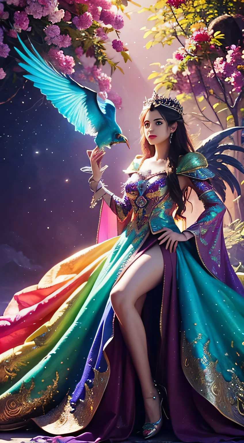 a woman in a colorful dress holding a large bird, 8k high quality detailed art, a beautiful fantasy empress, detailed digital, , 4k highly detailed digital art, detailed fantasy digital art, colorfull digital fantasy art, detailed painting 4 k, 2. 5 d  fantasy artwork, fantasy illustration, beautiful digital artwork,FULL HD,16K