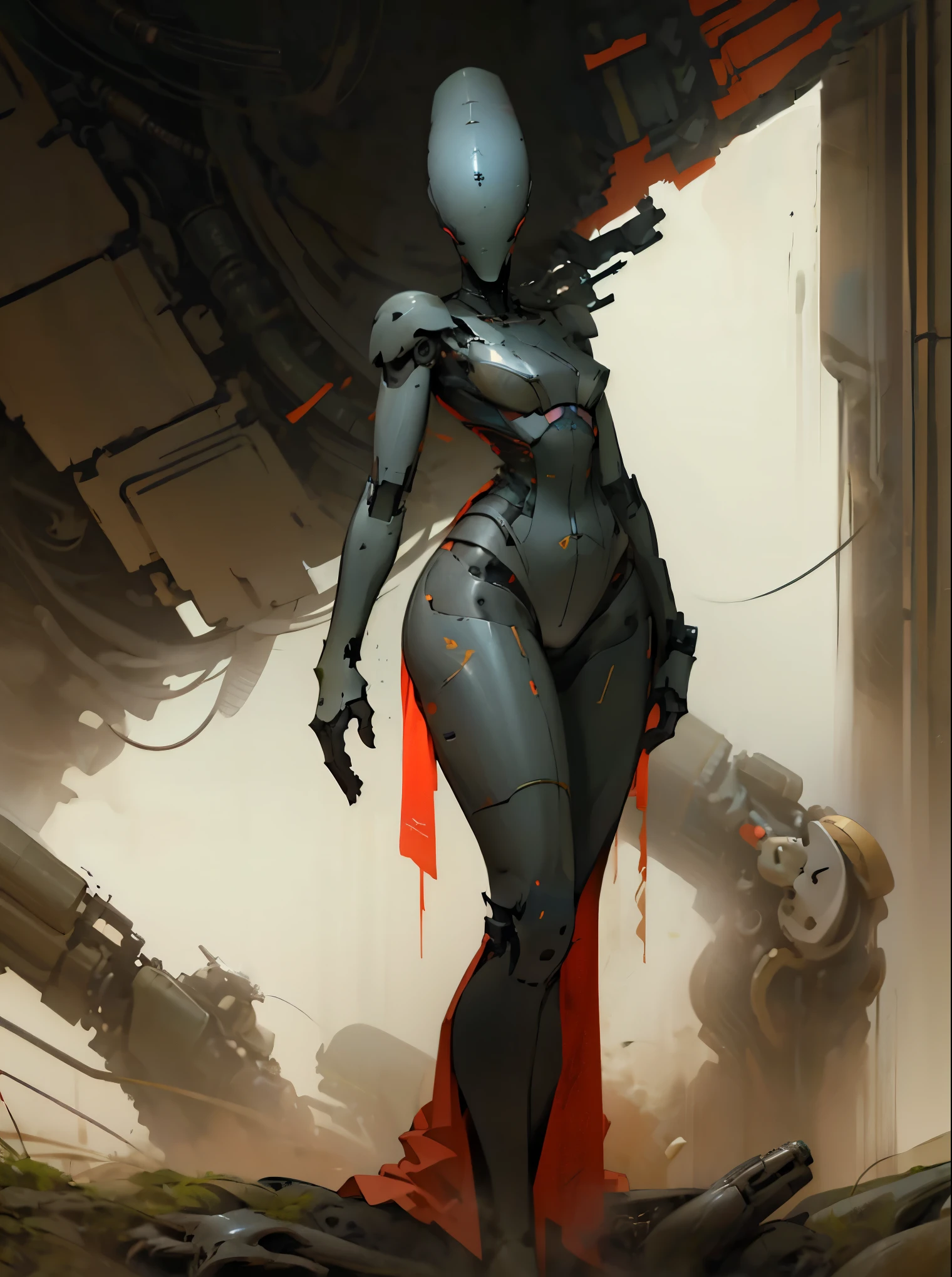 A robot, beautiful thighs, massive robotic thighs, thin waist, wide hips, on an alien planet, surrounded by alien flora, very , long legs, intimidating, high quality
