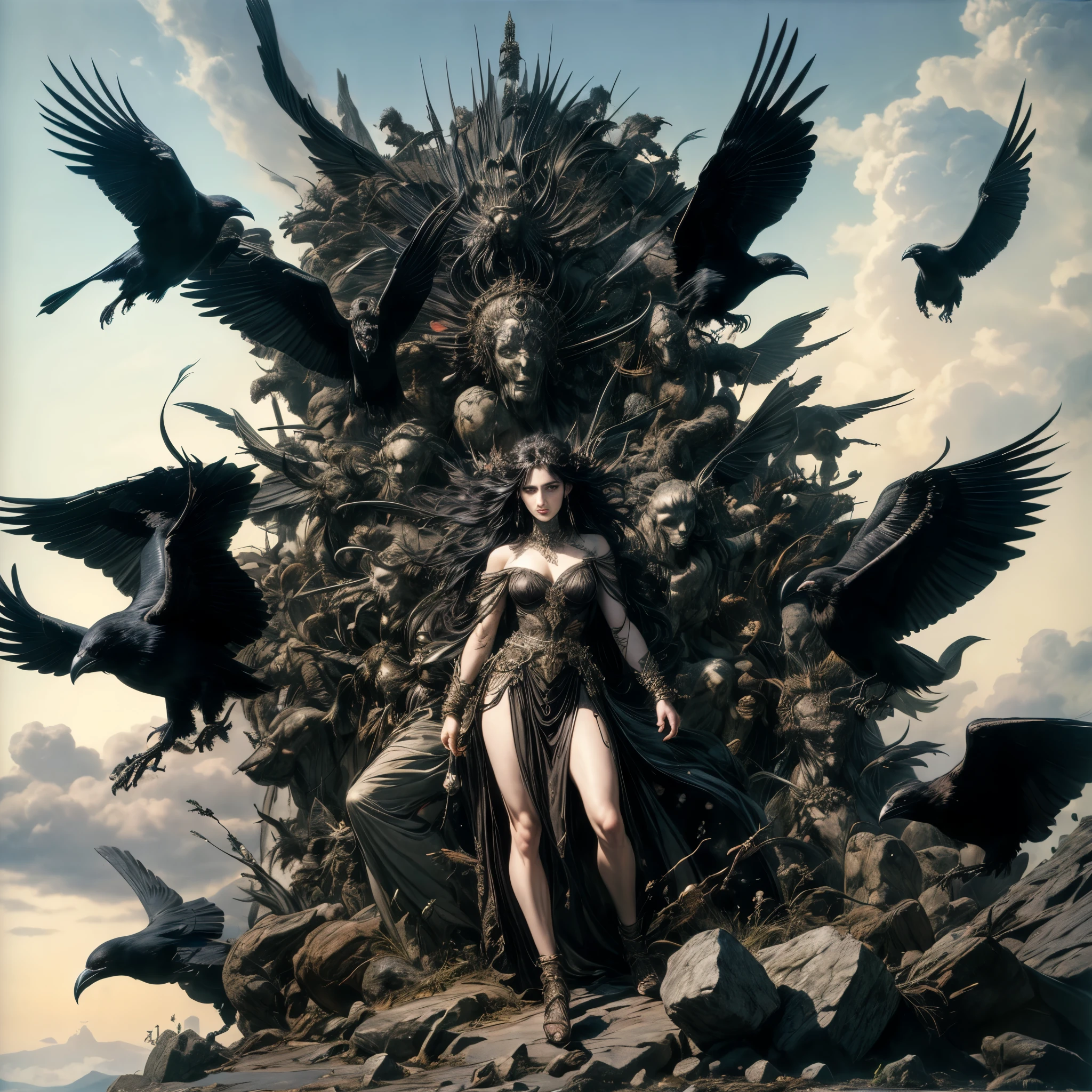 (best quality,4k,8k,highres,masterpiece:1.2),ultra-detailed, Irish Goddess the Morrigan, 3v4gr33n, raven black hair, cold dark eyes, standing on a celtic battlefield, sky filled with ravens, corpses on the ground, drawn in the style of Yoshitaka Amano, HDR, 8k, absurdres, cinestill 800, sharp focus, add_detail:3
