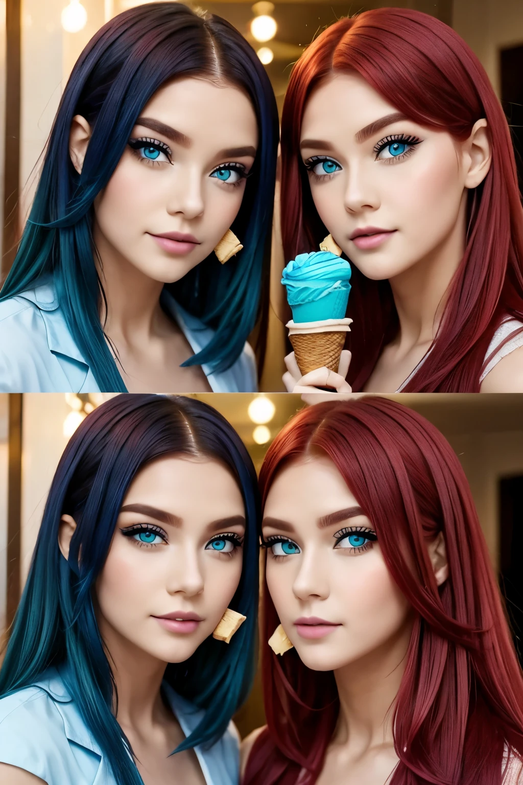 Twins, eating ice cream, one with bule eyes, red hair, the other with green eyes and black hair,