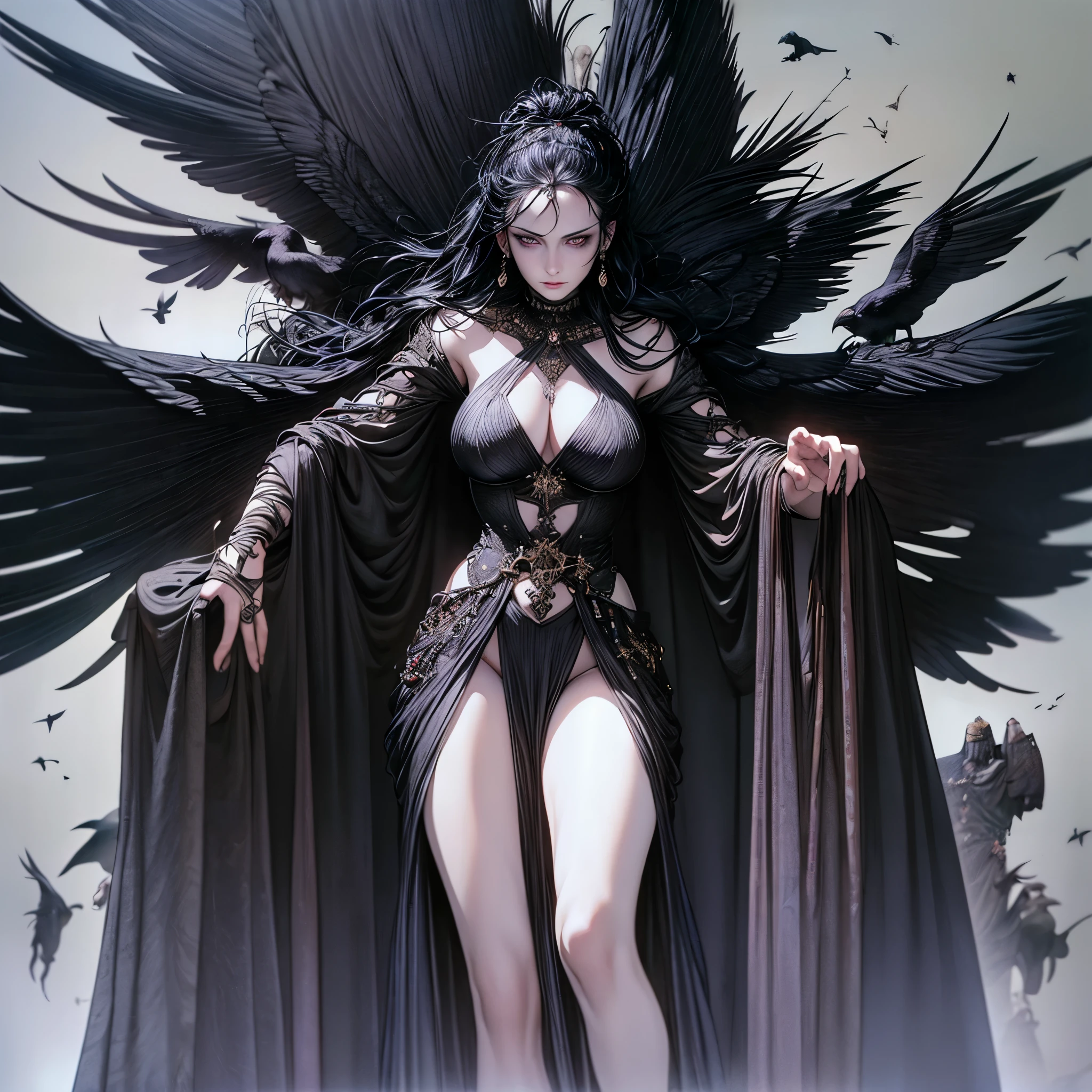 (best quality,4k,8k,highres,masterpiece:1.2),ultra-detailed, Irish Goddess the Morrigan, 3v4gr33n, raven black hair, cold dark eyes, standing on a celtic battlefield, sky filled with ravens, corpses on the ground, drawn in the style of Yoshitaka Amano, HDR, 8k, absurdres, cinestill 800, sharp focus, add_detail:3