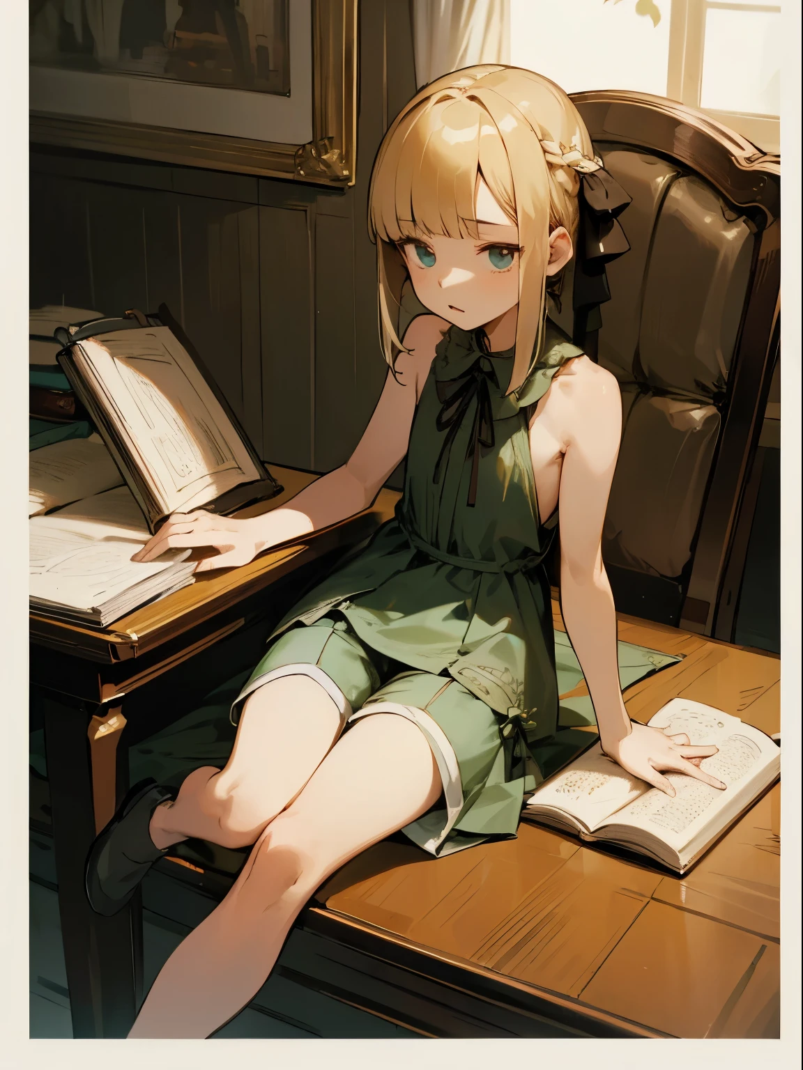 Reines, 1girl, high quality, best quality, illustration, masterpiece, (highly detailed:1.2), (extremely detailed:1.3), pajamas, sleeveless, backless, young girl, string ribbon, shorts, braid, , , arm on desk, sitting on chair, in a house, flat chest, (children:1.2), children reading a book, short hair