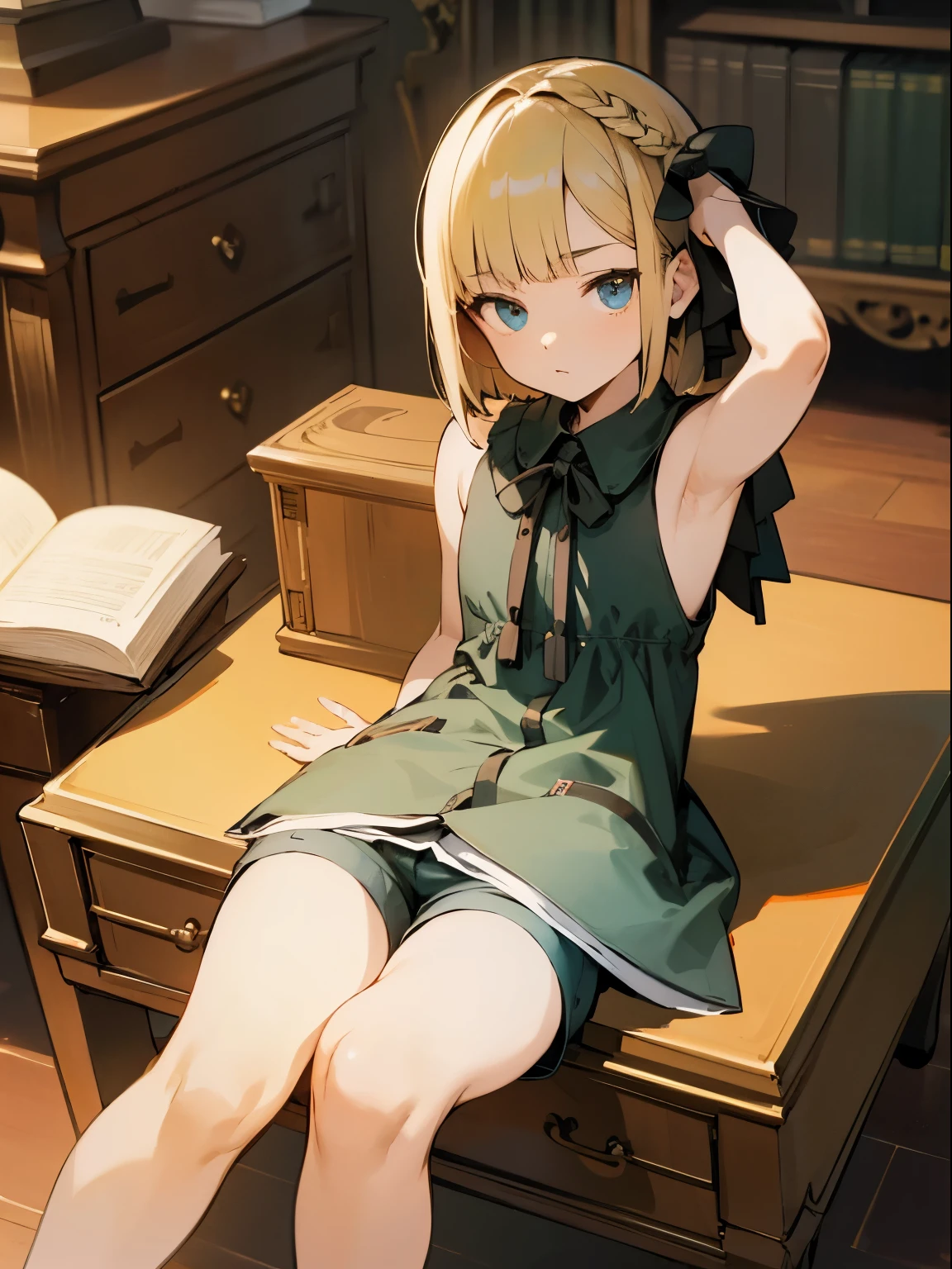 Reines, 1girl, high quality, best quality, illustration, masterpiece, (highly detailed:1.2), (extremely detailed:1.3), pajamas, sleeveless, backless, young girl, string ribbon, shorts, braid, , , arm on desk, sitting on chair, in a house, flat chest, (children:1.2), children reading a book, short hair