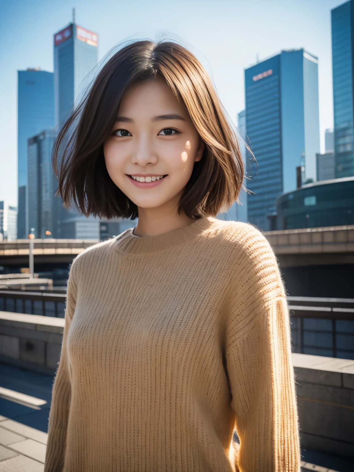Photoreal, 8k, full body portrait, Beautiful woman, attractive look, A slight smile, short hair, , Tokyo city, winter, With Shibuya in the background, Sunlight, Natural light, Place a reflector in front of the camera to brighten the photo