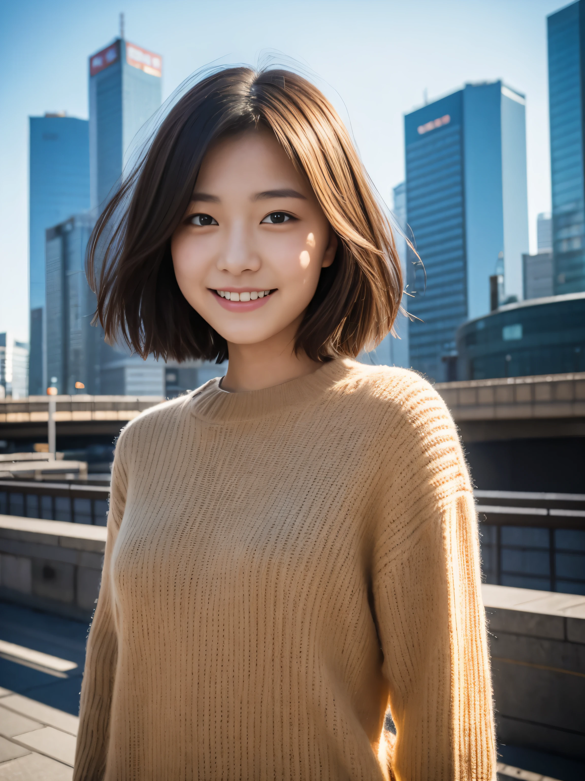 Photoreal, 8k, full body portrait, Beautiful woman, attractive look, A slight smile, short hair, 16 years old, Tokyo city, winter, With Shibuya in the background, Sunlight, Natural light, Place a reflector in front of the camera to brighten the photo