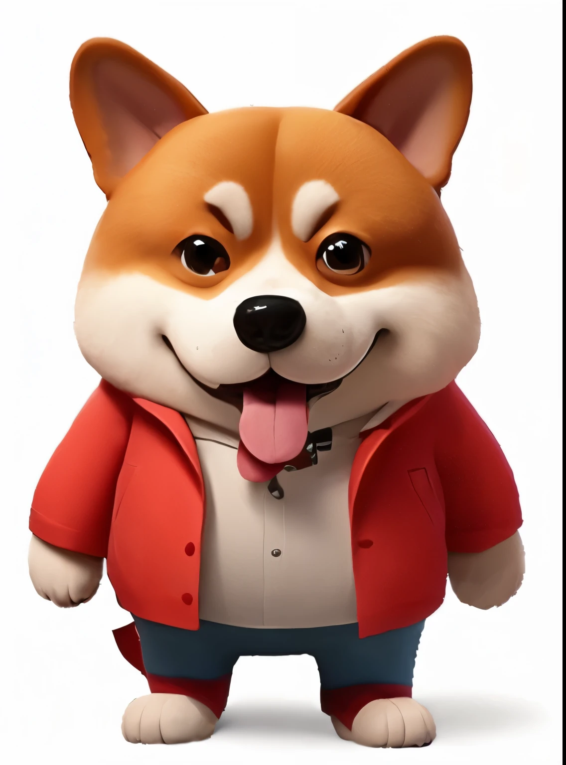 Close up of cartoon dog wearing red jacket, figure, 卡通figure, figure肖像, Official, Dochev, The character&#39;s name is Chad, Anthropomorphic Shiba Inu, Official art, by Jim Davis, Cape Barra, Chad, Full body close-up, he wears a big coat, Corgi,Sad emoticon