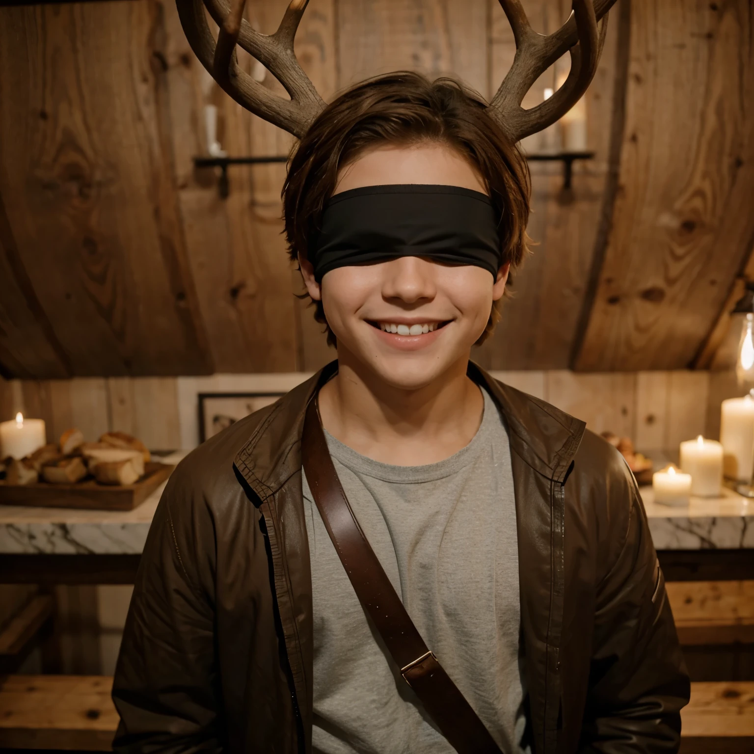 A boy with a blindfold and deer antlers with brown hair and a cute smile