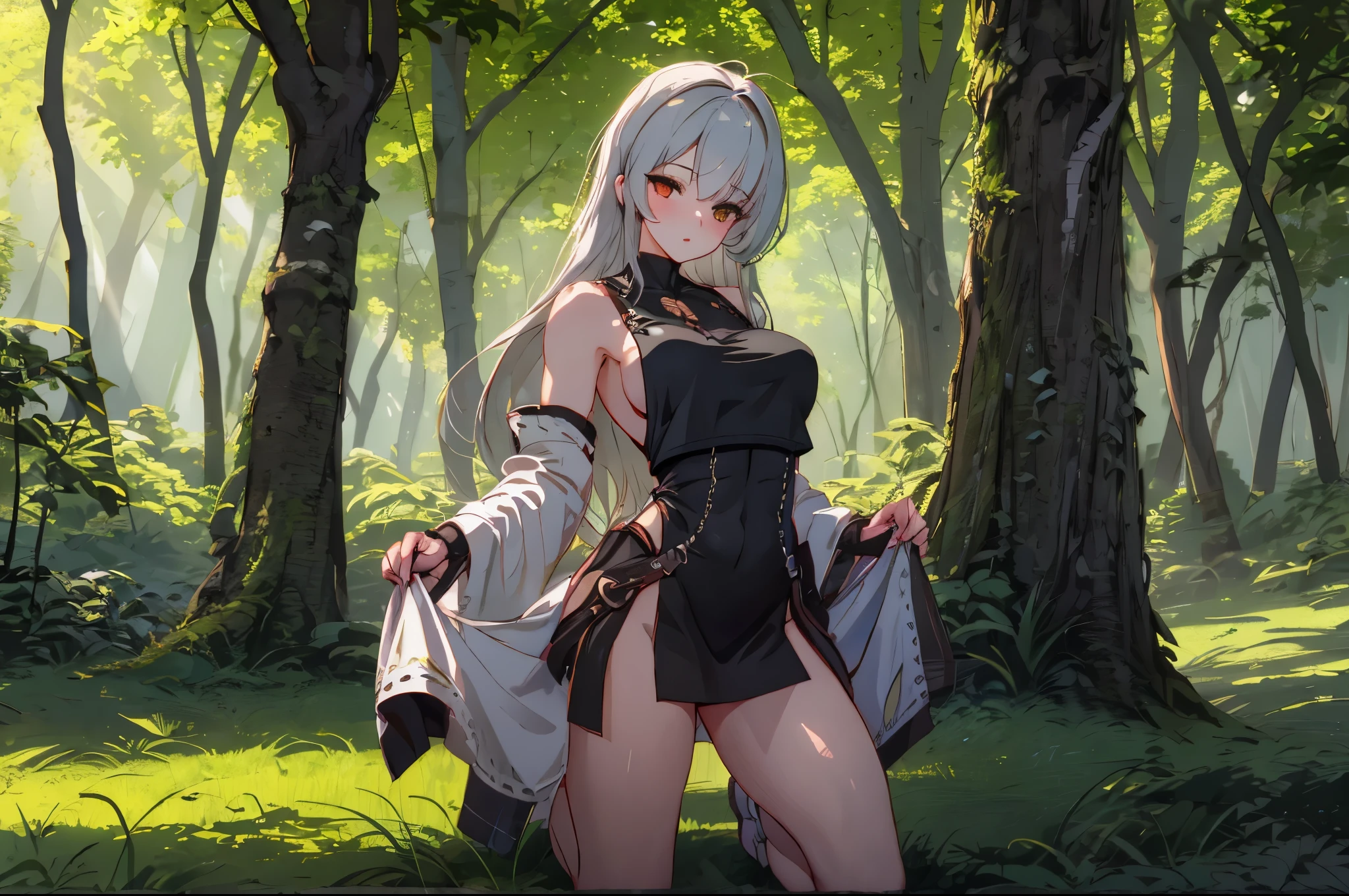 una provocativa arquera con cabello NARANJO con mechas NEGRAS CON OJOS ((HETEROCROMIA)) en una pose inspirada en Monster Hunter, con ojos y labios detallados, vistiendo una armadura vibrante e intrincada y sosteniendo un arco y una flecha. The artwork is created using a combination of illustration and 3D rendering techniques., resulting in a visually stunning mixed media piece. The scene is set in a dense forest., with lush foliage and sun rays filtering through the trees. The girl's confident and determined expression captivates the viewer., while her dynamic pose shows her skill and agility as an archer.. The colors of the artwork are bold and vivid., with a slightly desaturated and muted overall tone to create a realistic and gritty atmosphere. The lighting is spectacular., Casting deep shadows and emphasizing the girl's strong features.. The image is of the highest quality., con detalles ultrafinos para dar vida a cada aspecto de la obra de arte.
