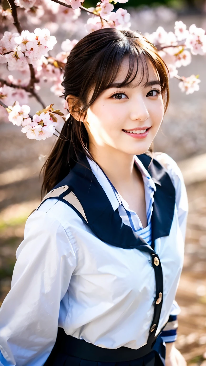 (highest quality,masterpiece:1.3,ultra high resolution),(Super detailed,caustics,8k),(realistic:1.4,RAW shooting),1 girl,(smile),(cherry blossomsを見上げる),18-year-old,cute,Japanese,Black short ponytail,(school uniform),glamorous,(big ),(face focus),street,cherry blossoms,Natural light,(Lens flare),professional writing,(cowboy shot),(bird'point of view:1.2),(high position:1.4),(high angle:1.4)