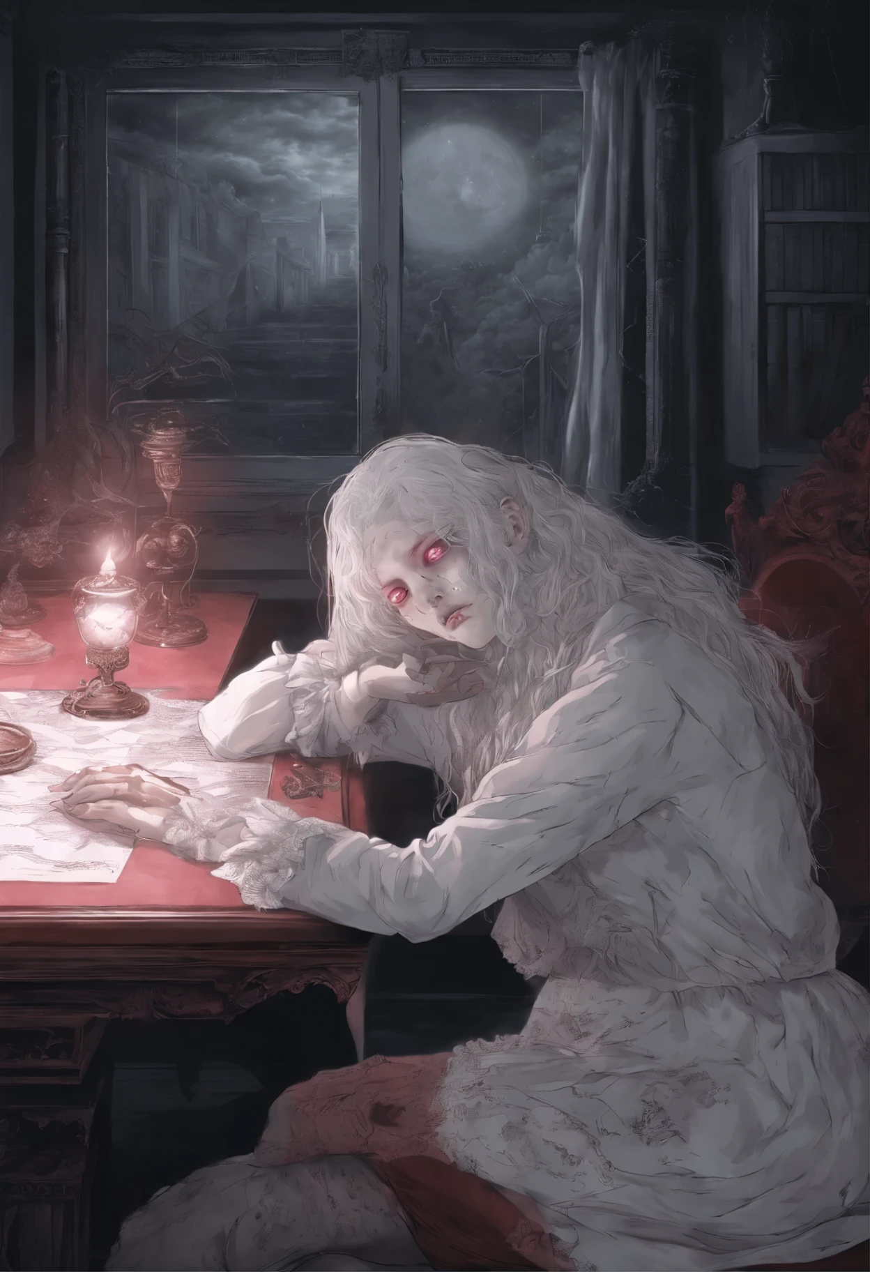 Be a girl with a pink complexion, beautiful eyes (red eyes) and deep as the night sky, half sad face lying on the table, white hair, looking at you, with an anime/semi-realistic style of art