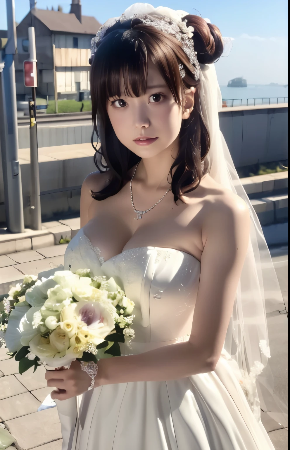 (((Pixel perfect, Perfect details))), alone, 1 girl，bride, Yuigahama Yui,  美丽bride穿美麗婚紗的特写,Gurwitz, (((bride頭紗)))，（Transparent short veil），blush，eye shadow，blush，Head flower，hat，((bouquet))，((((Bandeau wedding dress))))，(((strapless wedding dress))),(bare shoulders)，pure white dress，(necklace)，((earrings))，(big breasts:1.3)，Bangs，lipstick，((White long elbow gloves)),whole body照,High detail RAW color art,White long skirt，whole body,There is a railway track next to it，(standing on the railroad tracks:1.3),18 years old, （long twintails：1.5）,(twice as good:1.5), black hair