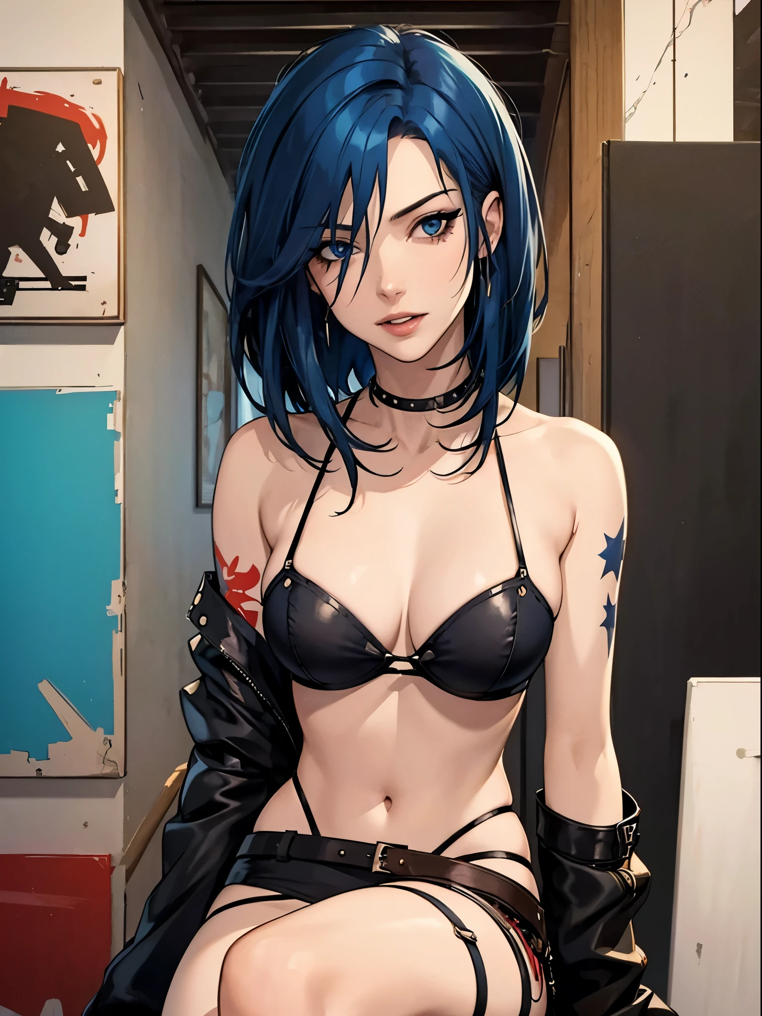((top-quality、8K、32K、masterpiece、nffsw:1.3)), (superfine illustration)、(超A high resolution), (((elegant makeup))), (((1girl in))), (((long bob haircut ))), 25-year-old cyberpunk girl with a perfect body, Shoulder pads with metal spines, Gladiadores in Brooklyn, ((perfect body, )), Small leather panties, Torn shirt, Almost naked in Simon Bisley's urban savage style, short bluehair, Minimum clothing, Metal protection on the left arm with complex graphics, Dark red with white stars and blue and white stripes, s Armor, Full of tips and rivets, Poison tattoo (((From the knee up))), short dark blue hair, In the background、 There is a wall with an intricate design painted by Shepard Fairey,