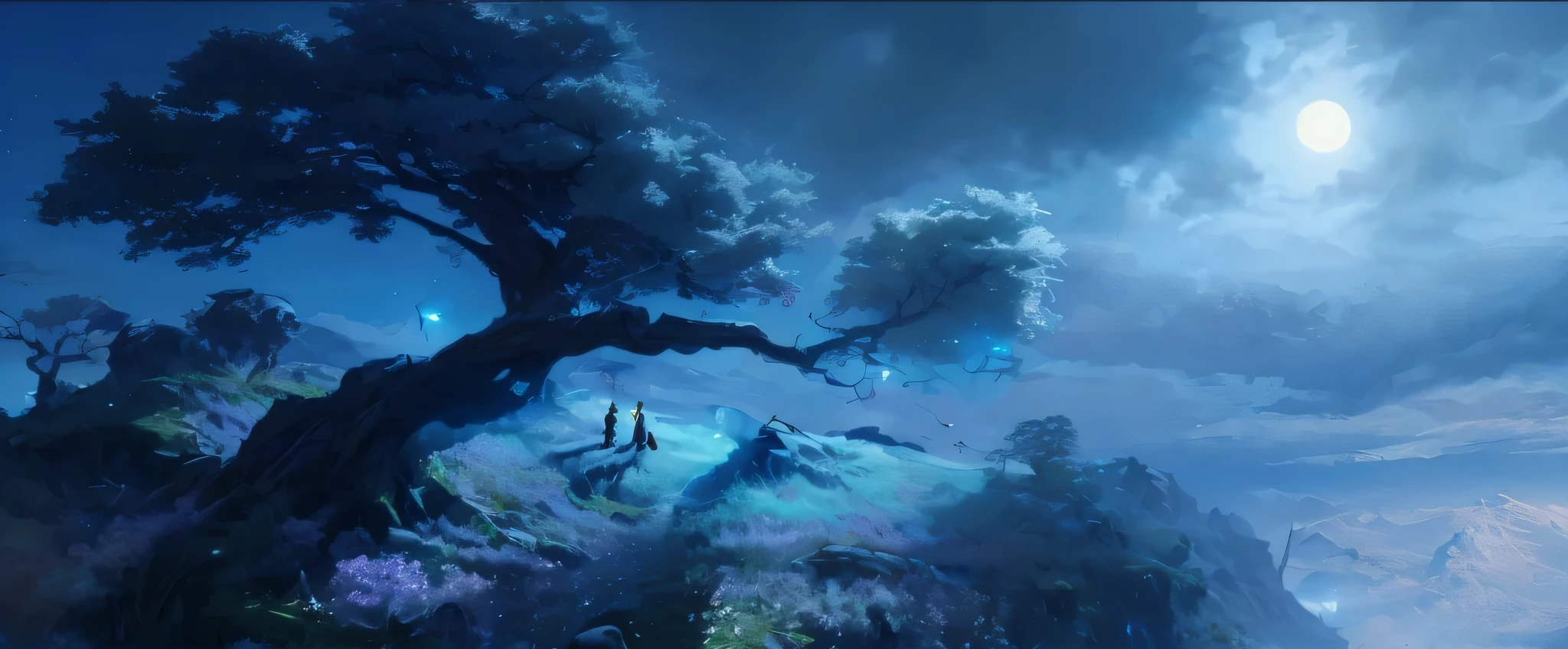 there is a tree on a mountain with a sky background, andreas rocha and john howe, james gurney and andreas rocha, ross tran and michael whelan, matte painting arcane dota pixar, rob rey and kentarõ miura, beautiful concept art, concept art stunning atmosphere, inspired by Raphael Lacoste, beautiful anime scene, fantasy landscape painting