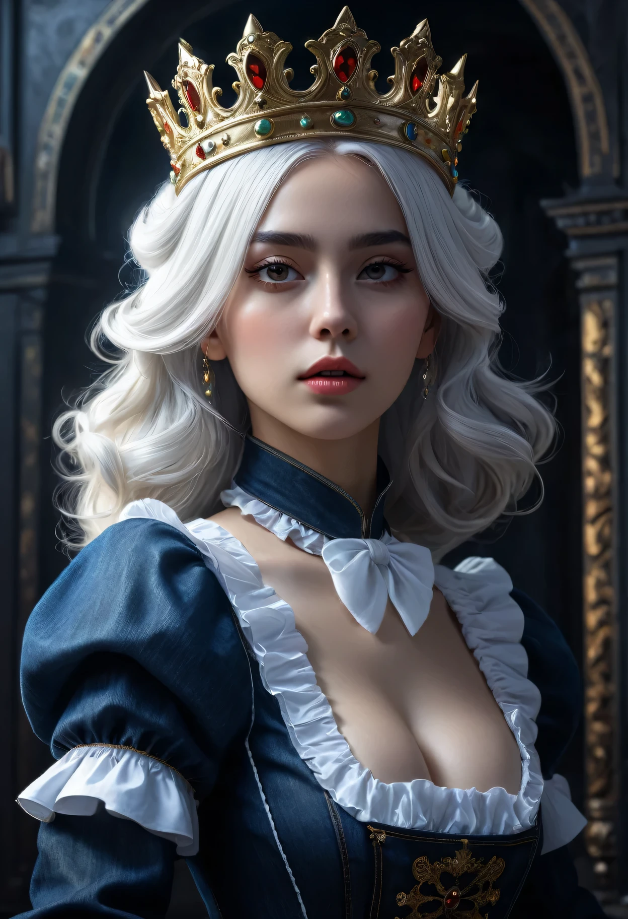 (in the darkness: 1.6),Surrealist female portrait, fantasy art, photorealism, Dynamic lighting, art station, poster, Volumetric lighting, Very detailed faces, 4k, won,, 1 girl, in the darkness, deep shadow, low profile, denim lenses, (maid outfit: 1.4), long hair, white hair, broken into pieces, luxurious palace, royal style, put the crown on your head,