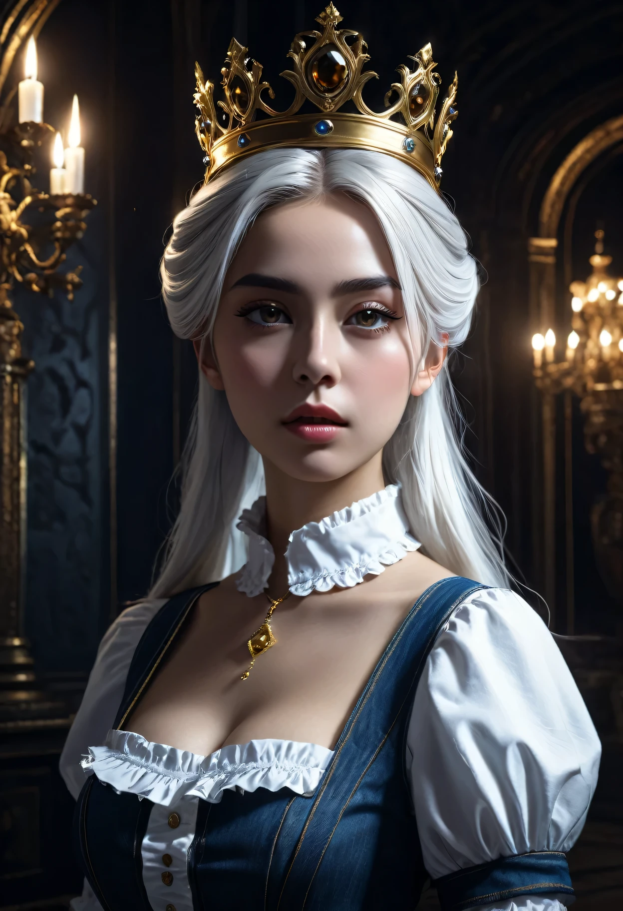 (in the darkness: 1.6),Surrealist female portrait, fantasy art, photorealism, Dynamic lighting, art station, poster, Volumetric lighting, Very detailed faces, 4k, won,, 1 girl, in the darkness, deep shadow, low profile, denim lenses, (maid outfit: 1.4), long hair, white hair, broken into pieces, luxurious palace, royal style, put the crown on your head,