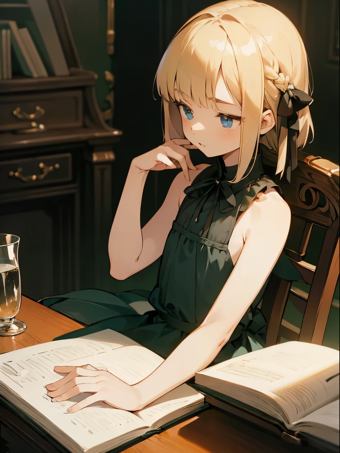 Reines, 1girl, high quality, best quality, illustration, masterpiece, (highly detailed:1.2), (extremely detailed:1.3), pajamas, sleeveless, backless, young girl, string ribbon, braid, , , arm on desk, sitting on chair, in a house, flat chest, (children:1.2), children reading a book, short hair