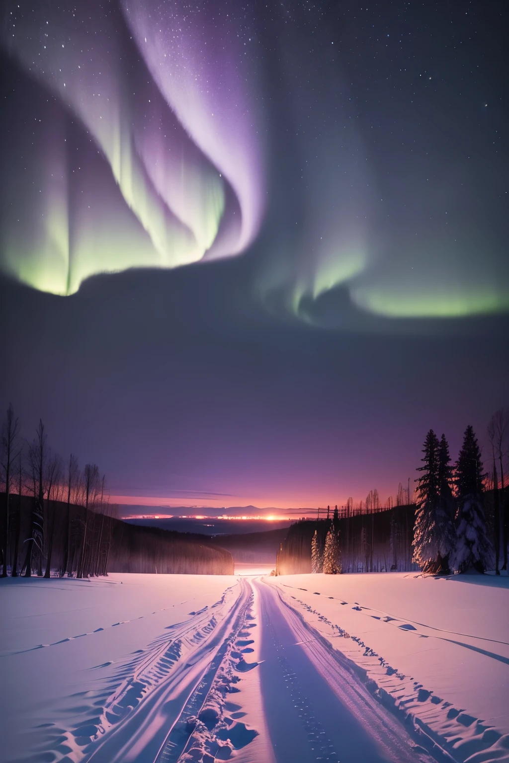 (best quality,4k,highres,masterpiece:1.2),ultra-detailed,(realistic,photorealistic,photo-realistic:1.37),snow-covered path,purple sky,northern lights,vast road,serene winter landscape,frosty trees,faint silhouettes,soft snowflakes,pure white scenery,calm and peaceful atmosphere,ethereal beauty,majestic snow-capped mountains,subtle shades of lavender and indigo,evoking a sense of tranquility,stark yet enchanting,prominent auroras dancing across the sky,distant lights twinkling,creating a magical ambiance,undisturbed and serene environment.