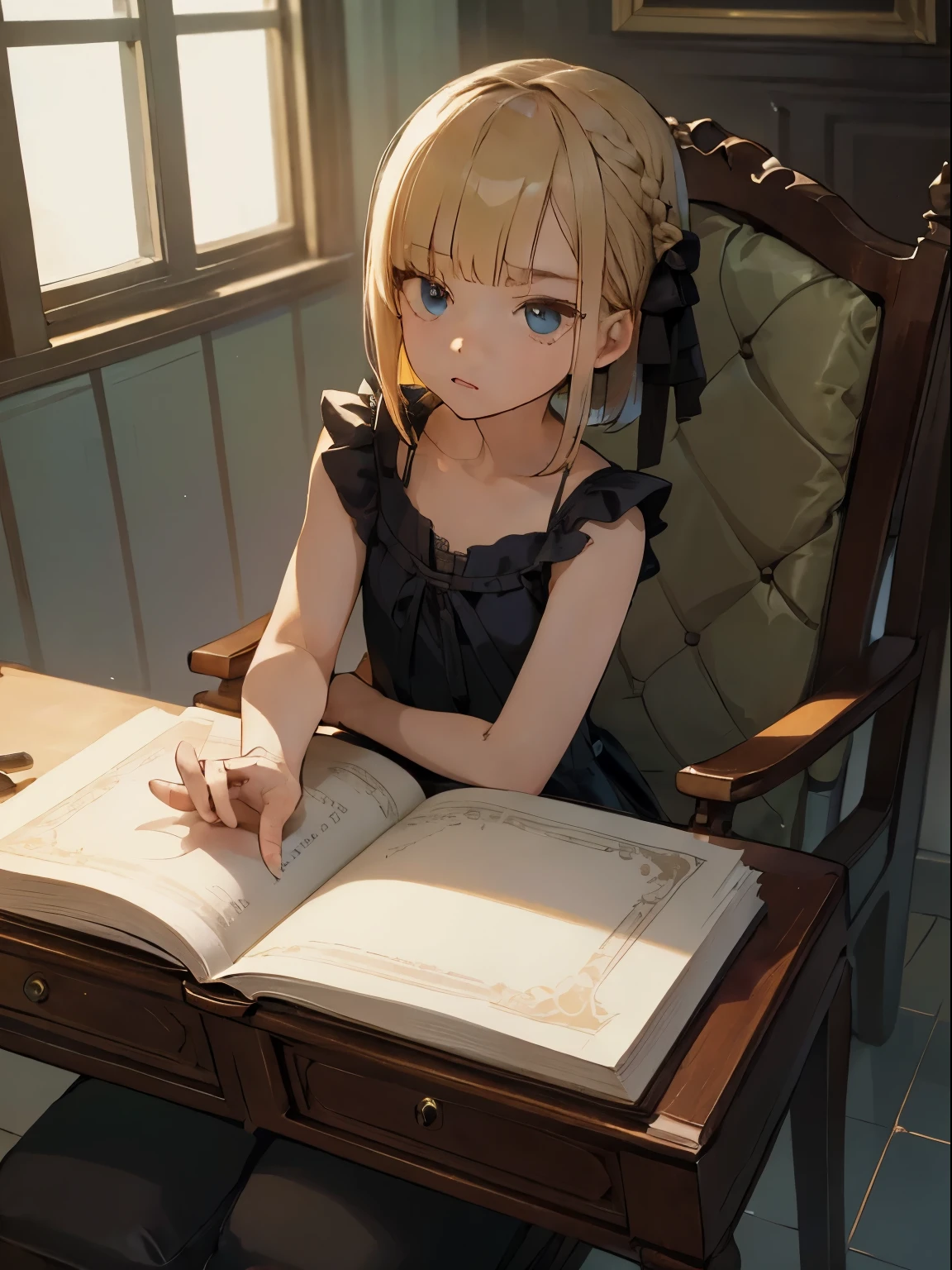 Reines, 1girl, high quality, best quality, illustration, masterpiece, (highly detailed:1.2), (extremely detailed:1.3), pajamas, sleeveless, backless, young girl, string ribbon, braid, , , arm on desk, sitting on chair, in a house, flat chest, (children:1.2), children reading a book, short hair