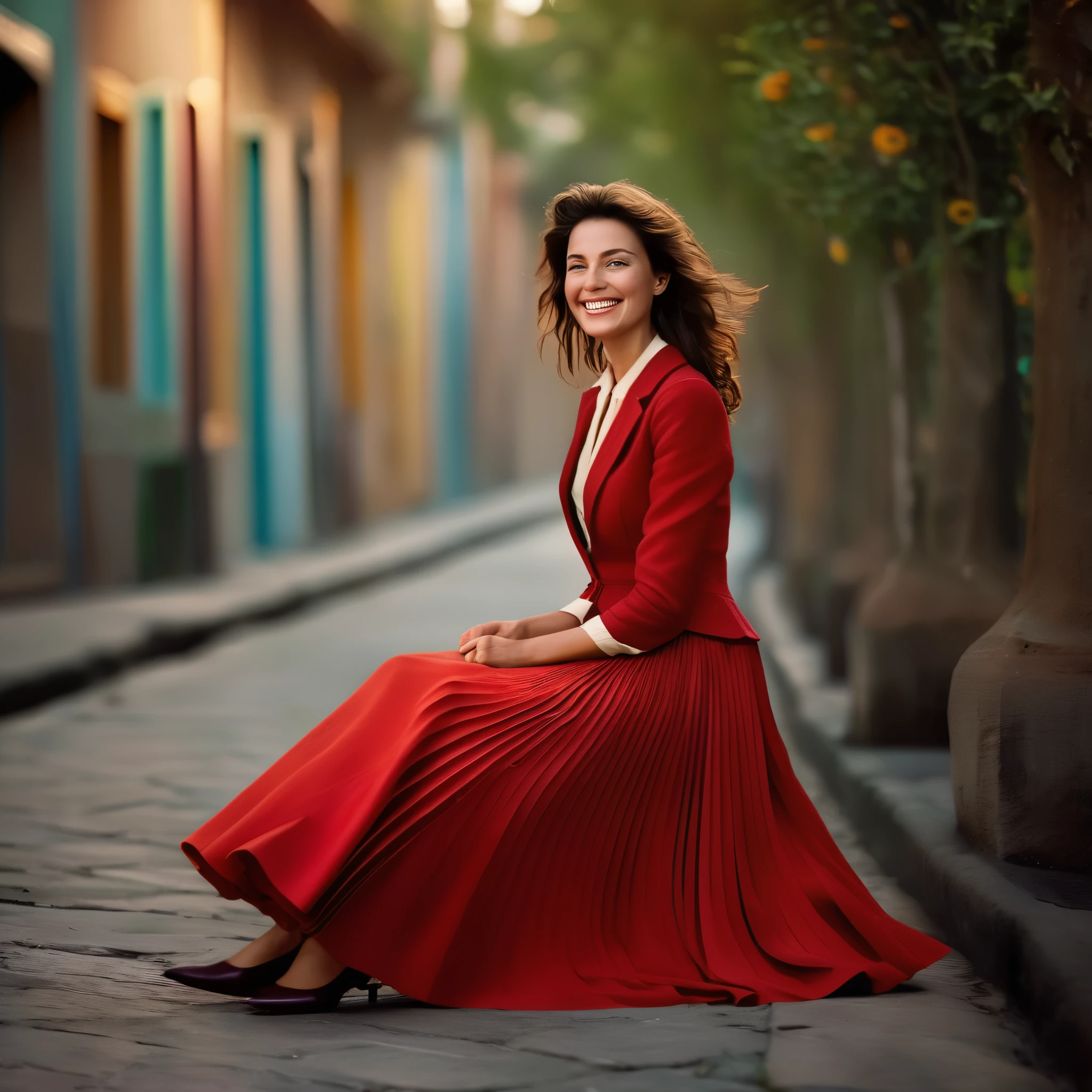 A smiling, authentic, (shy:1,3), kind, beautiful woman, is passionately in love with her skirt, sitting down on the ground while wind lifts her skirt, wearing short blazer and very, very detailed (long (fully pleated) full circle skirt) and (low heeled court shoes), very, very intricate hyper-detailed symmetric (attractive graceful young feminine face) with (sad, tired eyes and a loving smile), very voluptuous breasts, full of empathy and compassion and love, (pronounced (feminine) features), (highly detailed ultra accurate realistic) hands and fingers, (windy), epic composition, highly detailed attributes, (35mm f1.4 Kodak portra 400 photograph), extremely high quality RAW photograph, highly detailed atmosphere, sci-fi, cinematic shot, dynamic lighting, 75mm, Technicolor, Panavision, cinemascope, sharp focus, fine details, 8k, HDR, realism, realistic, key visual, film still, superb cinematic color grading, depth of field