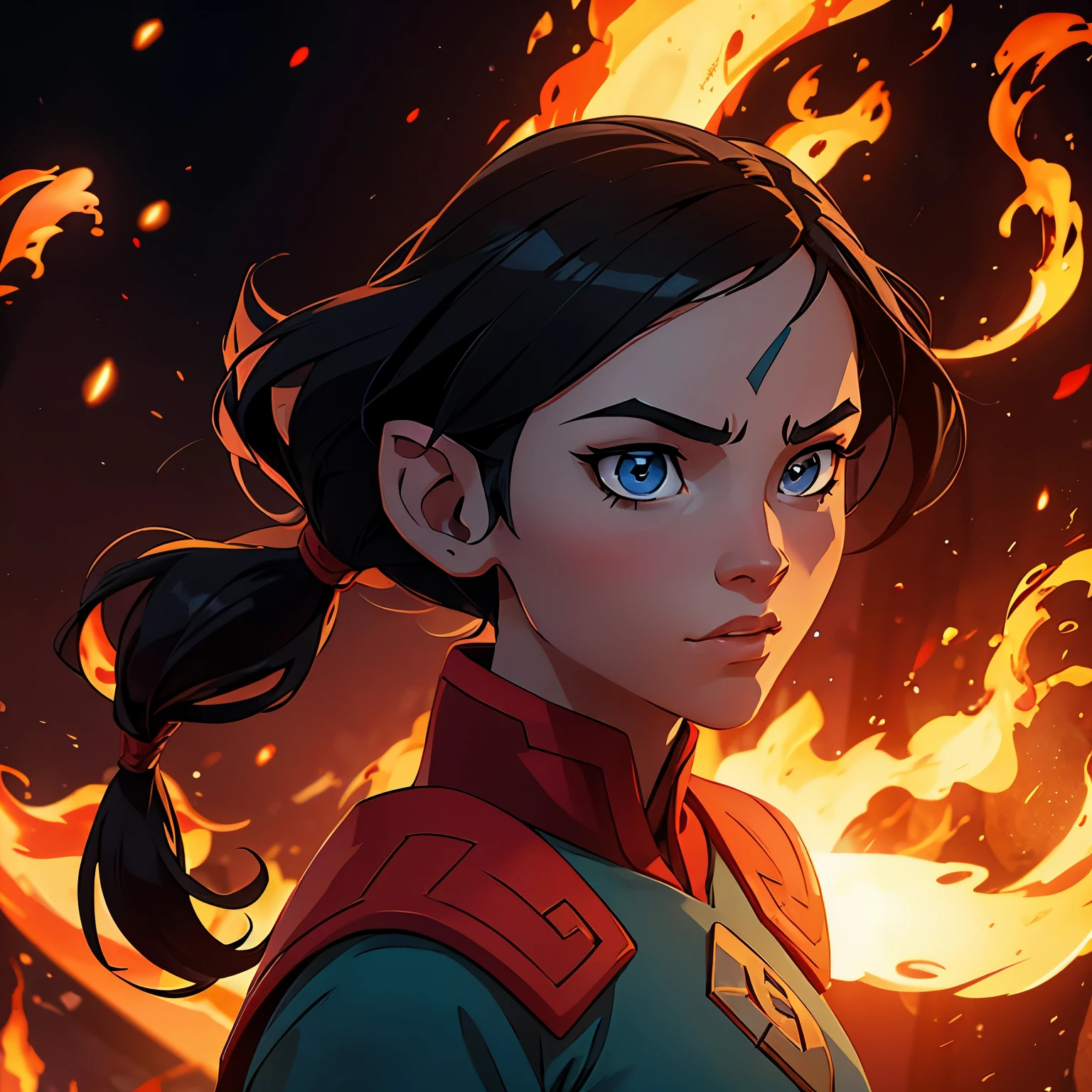 The animation is like the avatar character of The Last Airbender, a girl from the Fire Nation who is the avatar controlling all elements with black hair
