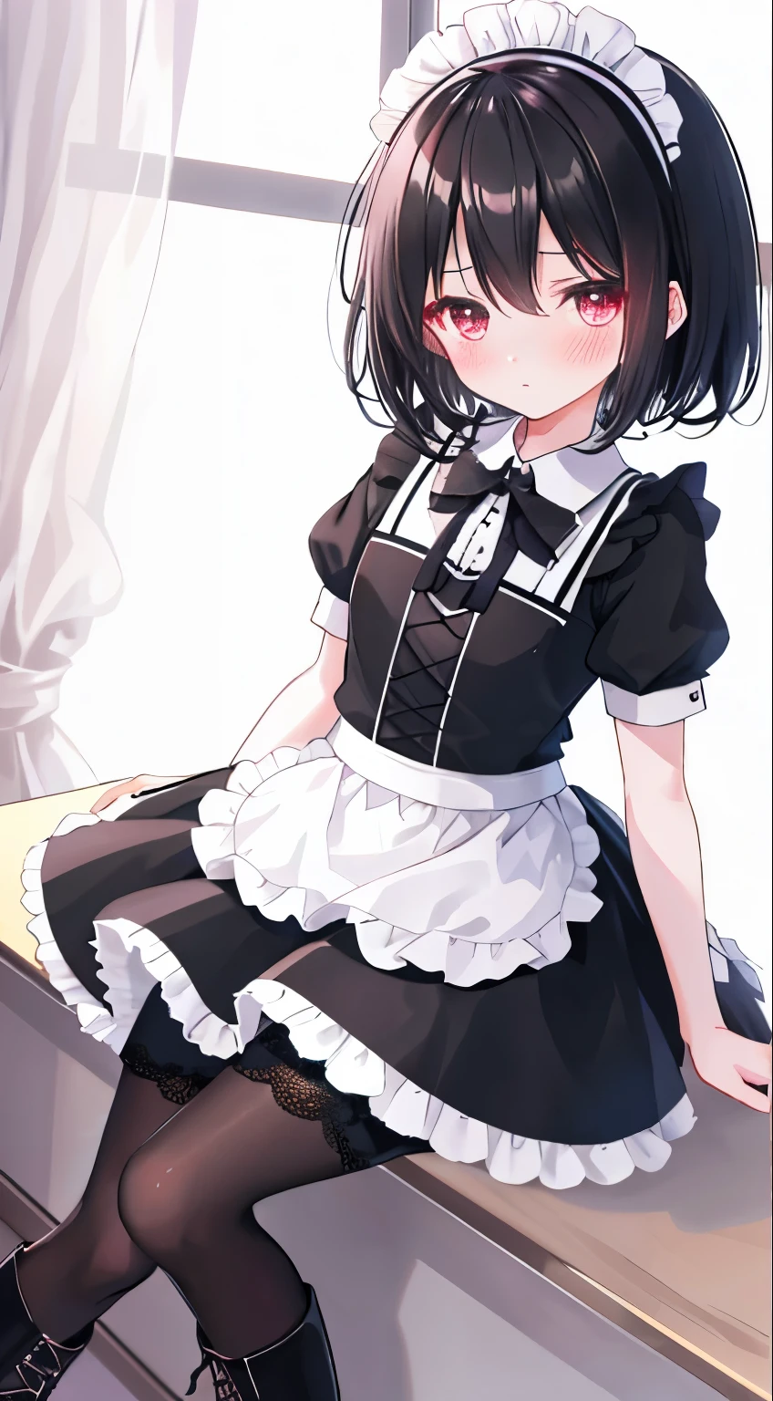 ,short black hair,maid outfit,Black lace-up boots,white pantyhose,blush shy,classroom scene,demon