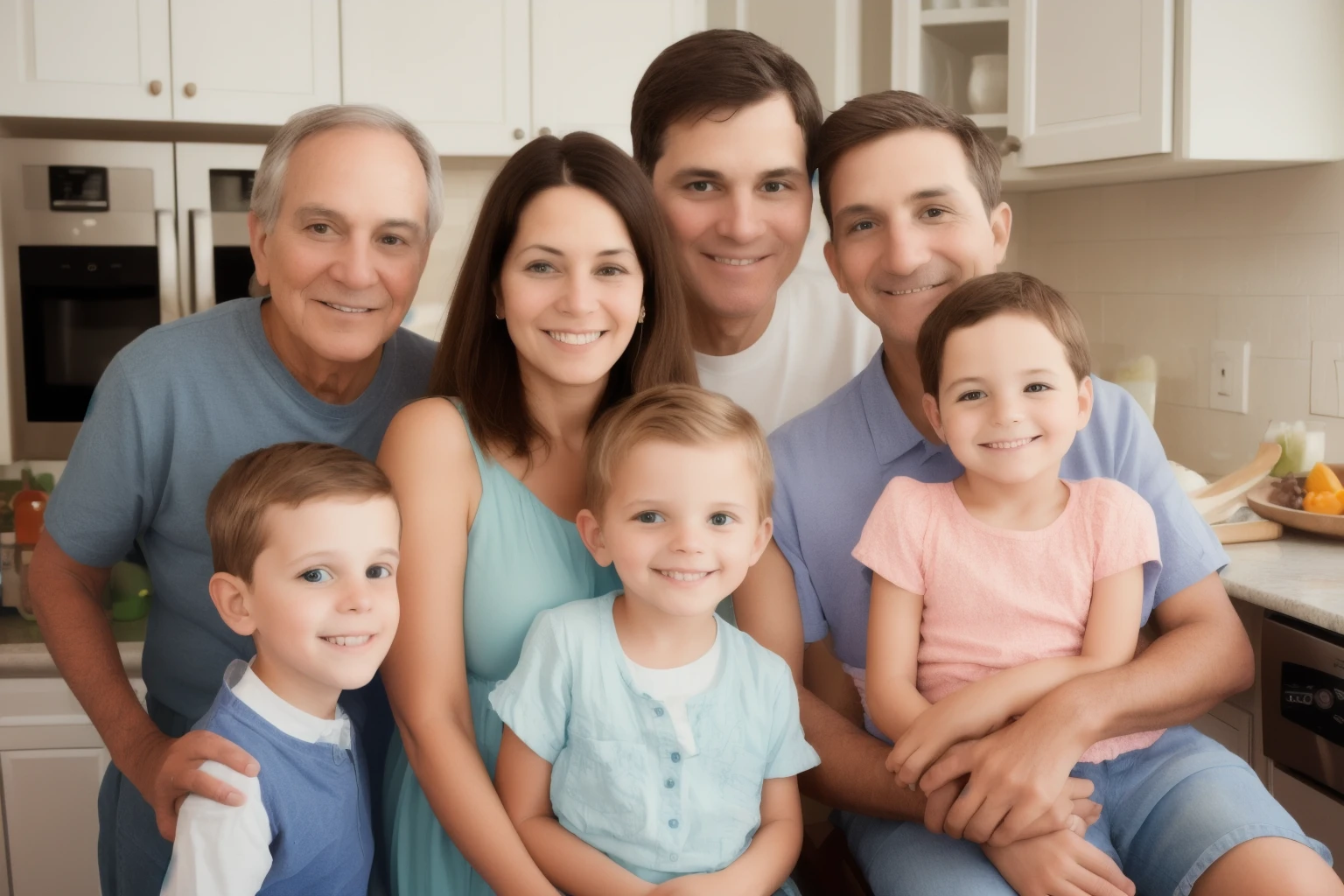 closeup, a family portrait, momn, dad, kitchen in the background  