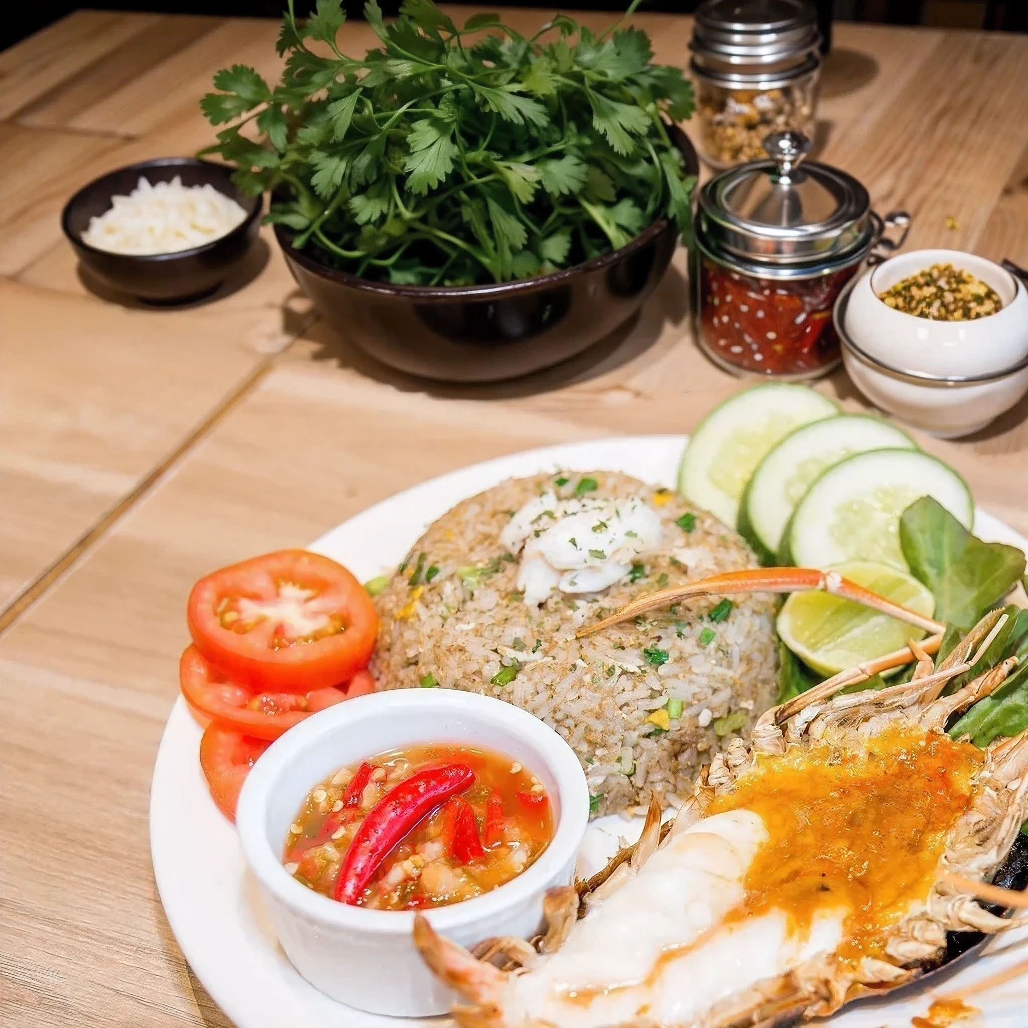 realistic, food photography, top of table, ingredient, thai spicy, herb, chilli, garlic, vegetable, kitchen ware, kitchen room, 